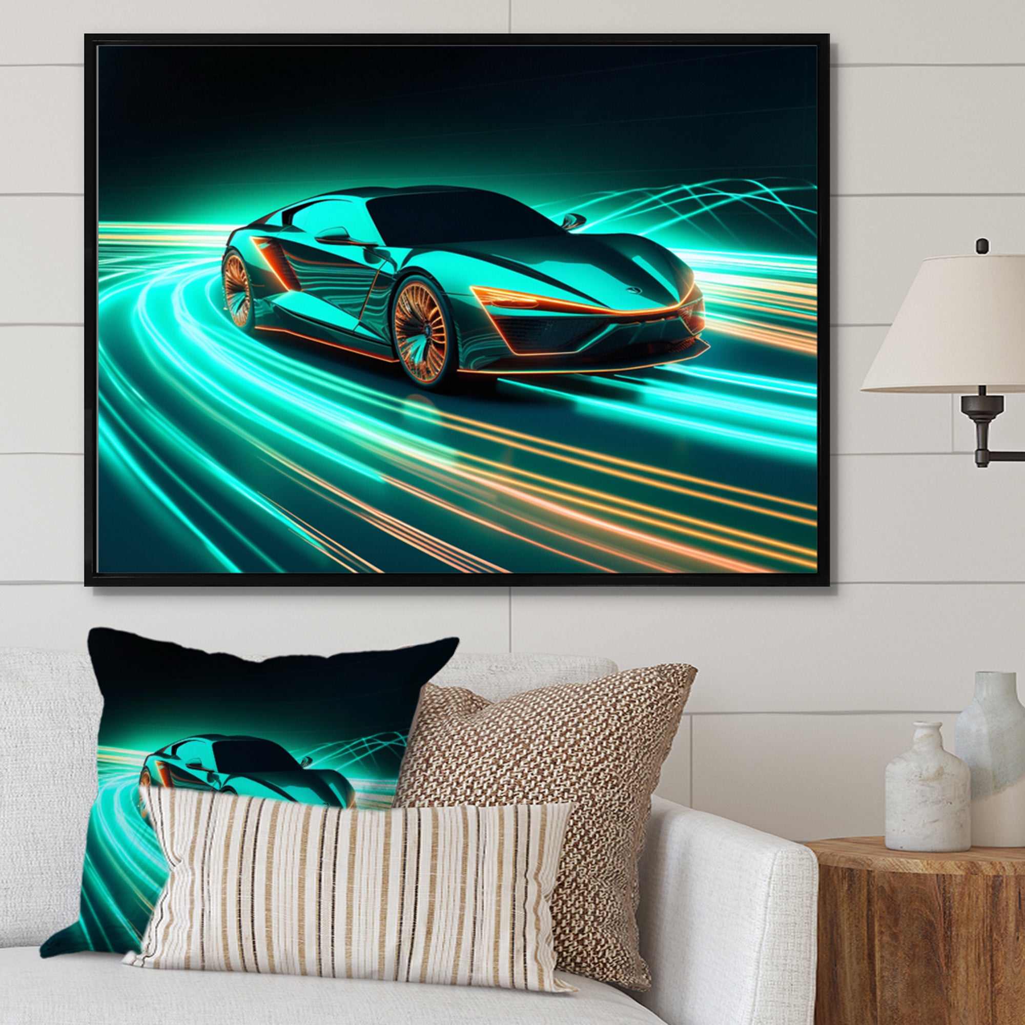 Teal Neon Exotic Car I - Neon Car Canvas Wall Art