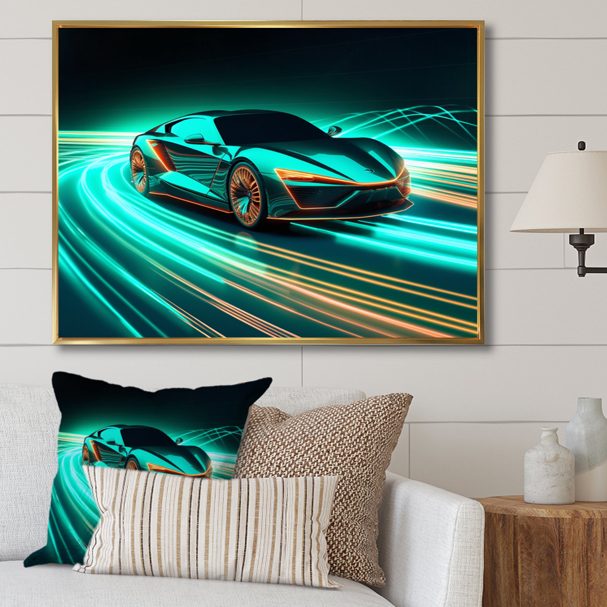 Teal Neon Exotic Car I - Neon Car Canvas Wall Art