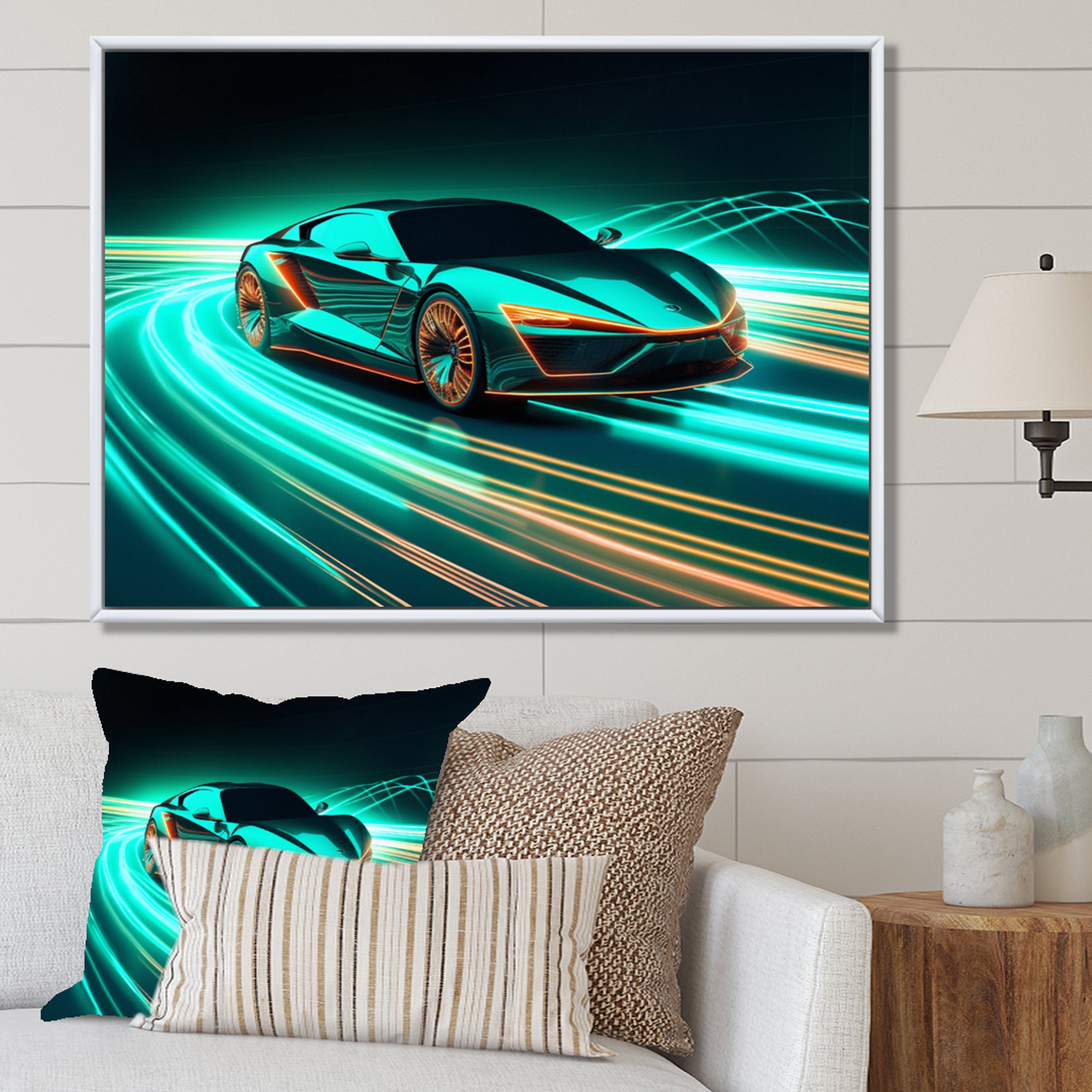 Teal Neon Exotic Car I - Neon Car Canvas Wall Art