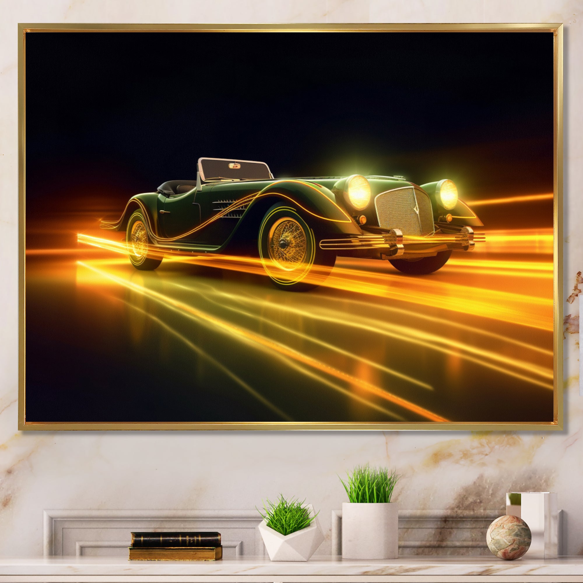 Yellow Neon Classic Car - Neon Car Canvas Wall Art