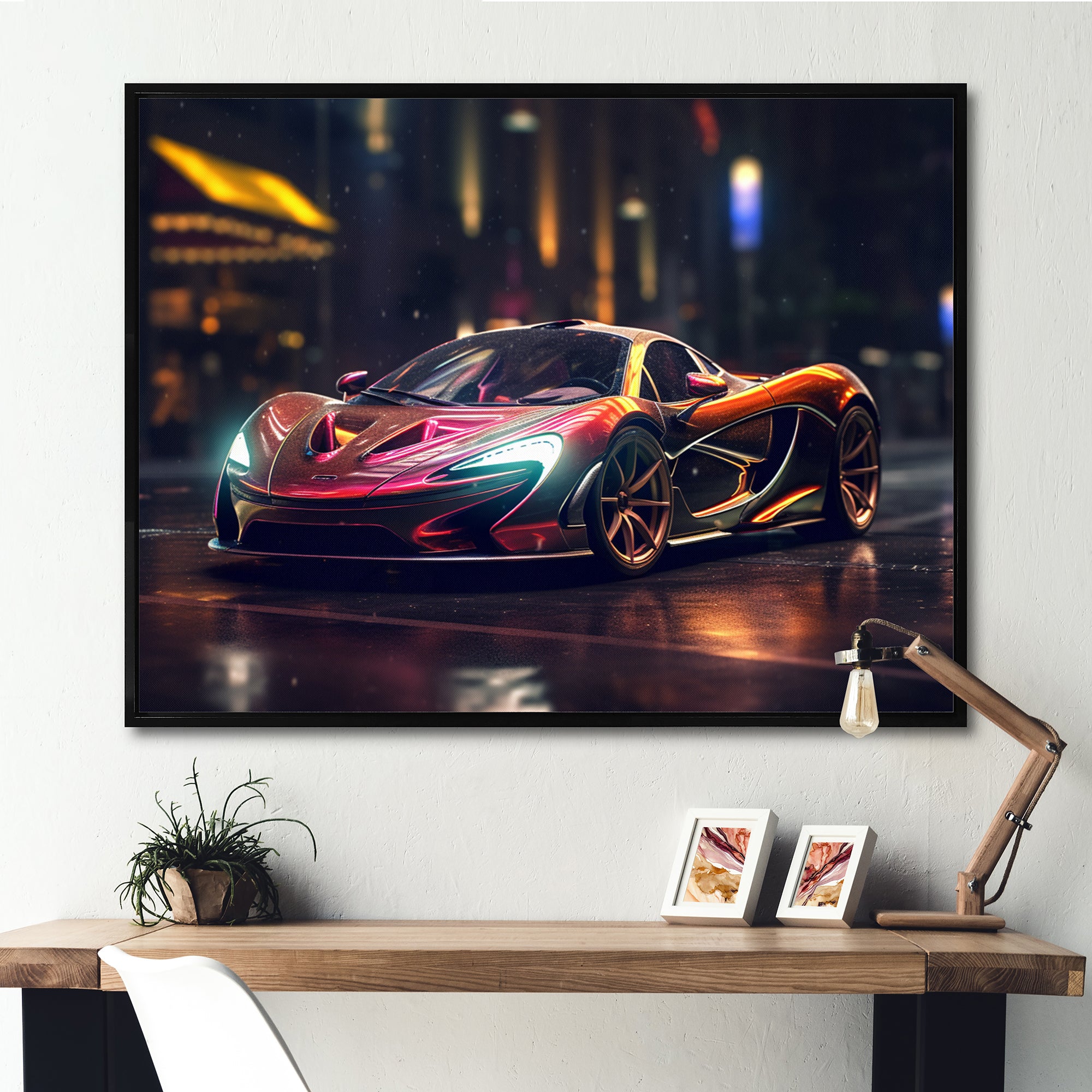 Exotic Car In The Neon Streets I - Neon Car Canvas Wall Art