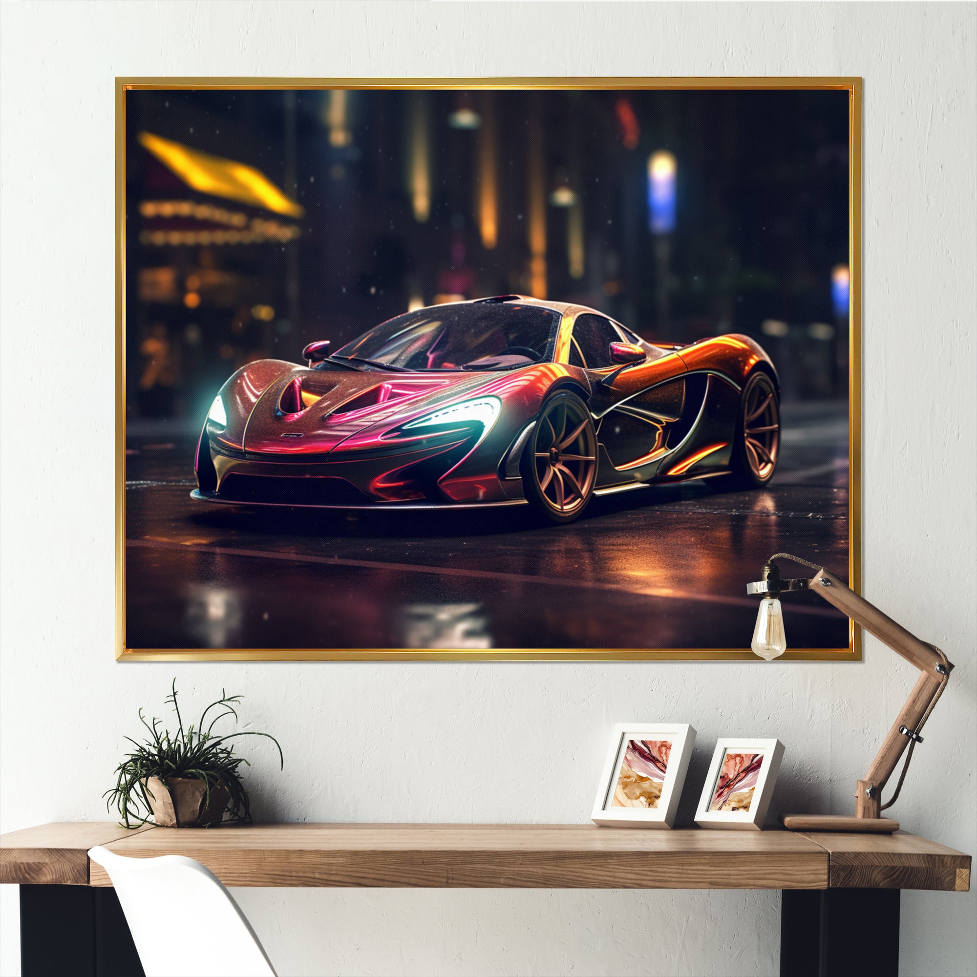 Exotic Car In The Neon Streets I - Neon Car Canvas Wall Art