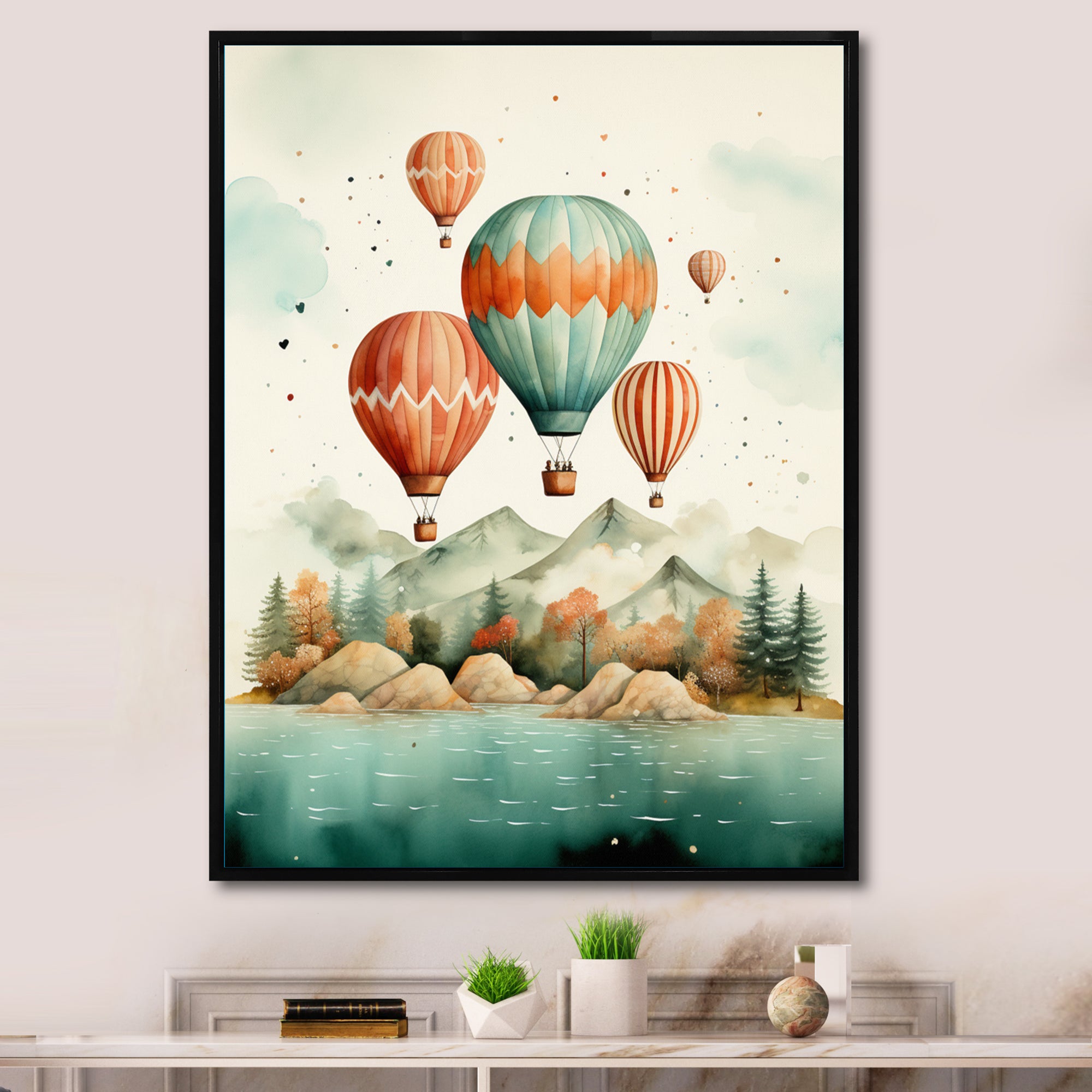 Flying Over The Ocean In Hot Air Ballon - Hot Air Balloon Canvas Wall Art
