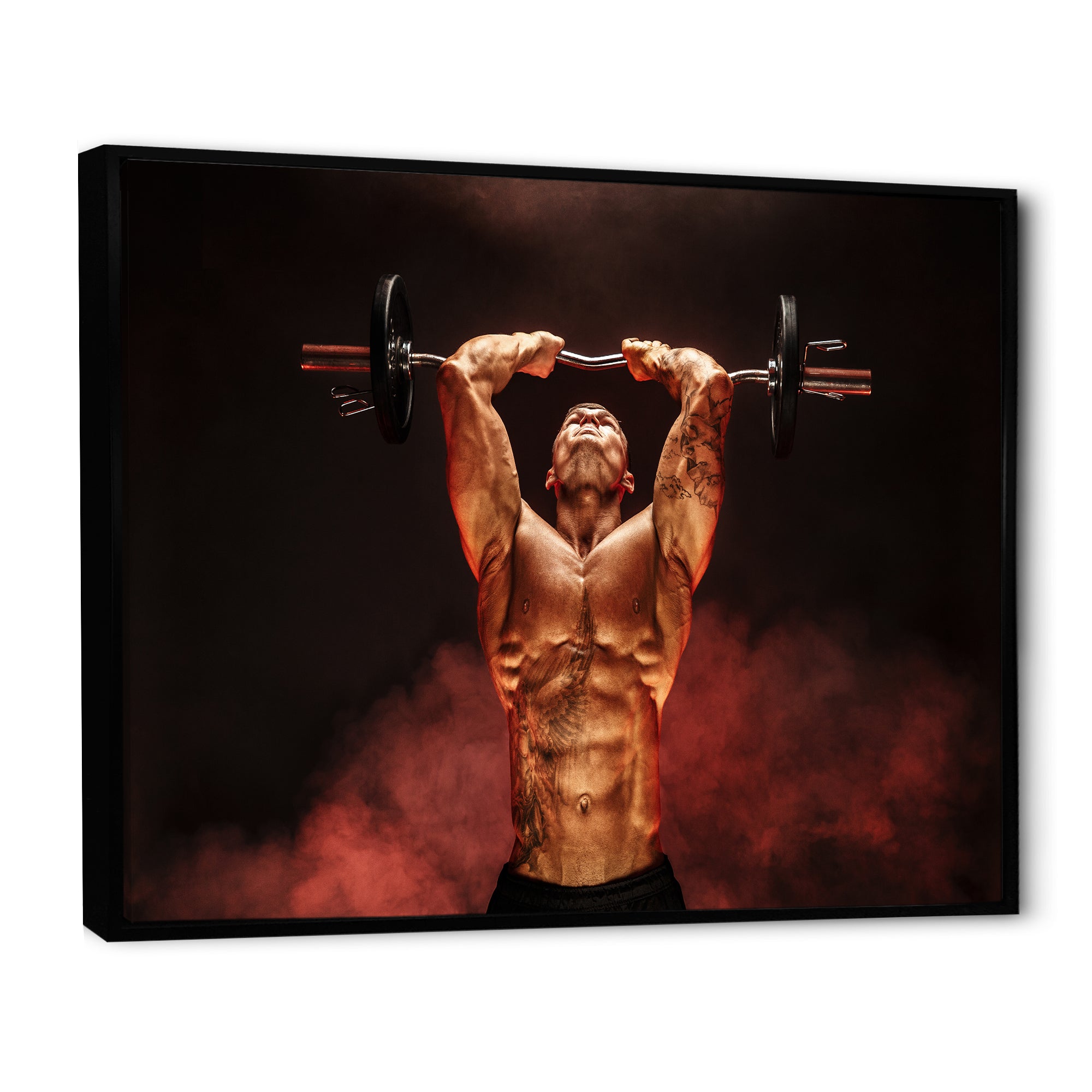 Man Lifting Dumbbell Red Fog - Aerobic & Bodybuilding Canvas Wall Art