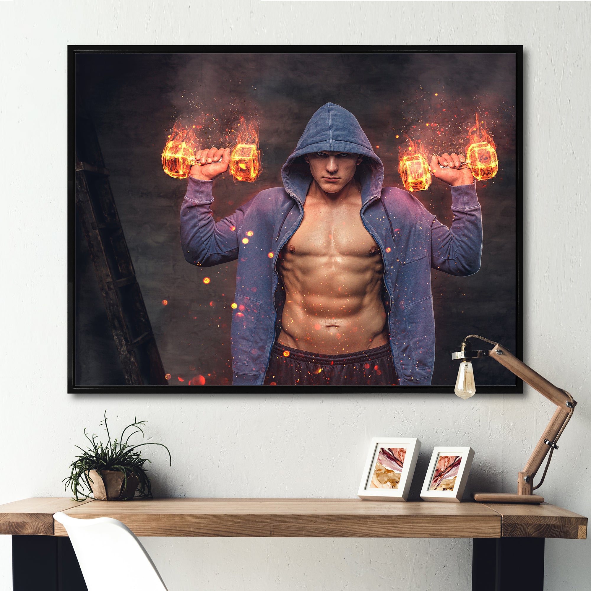 Builder Holds Burning Dumbbells - Aerobic & Bodybuilding Canvas Wall Art