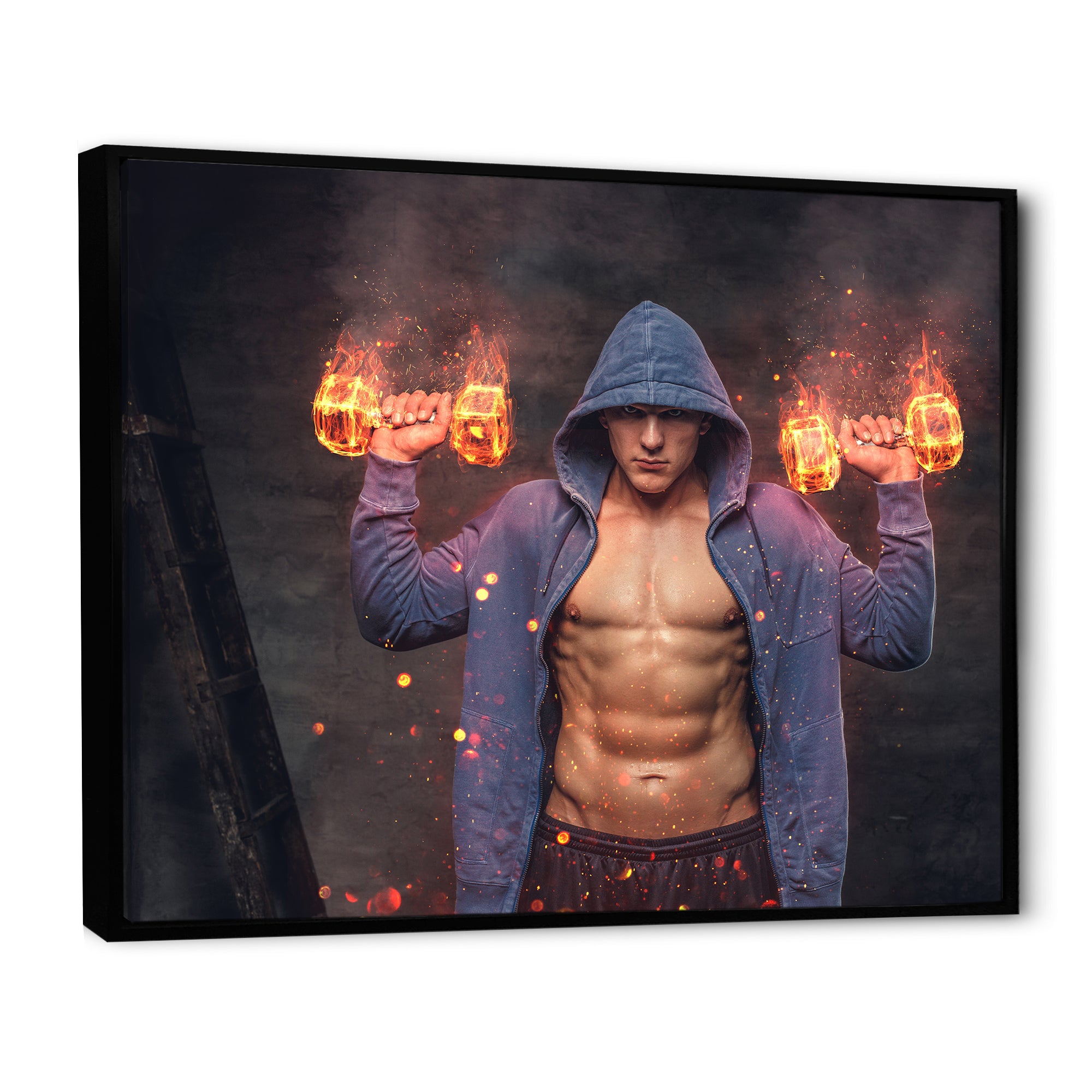 Builder Holds Burning Dumbbells - Aerobic & Bodybuilding Canvas Wall Art