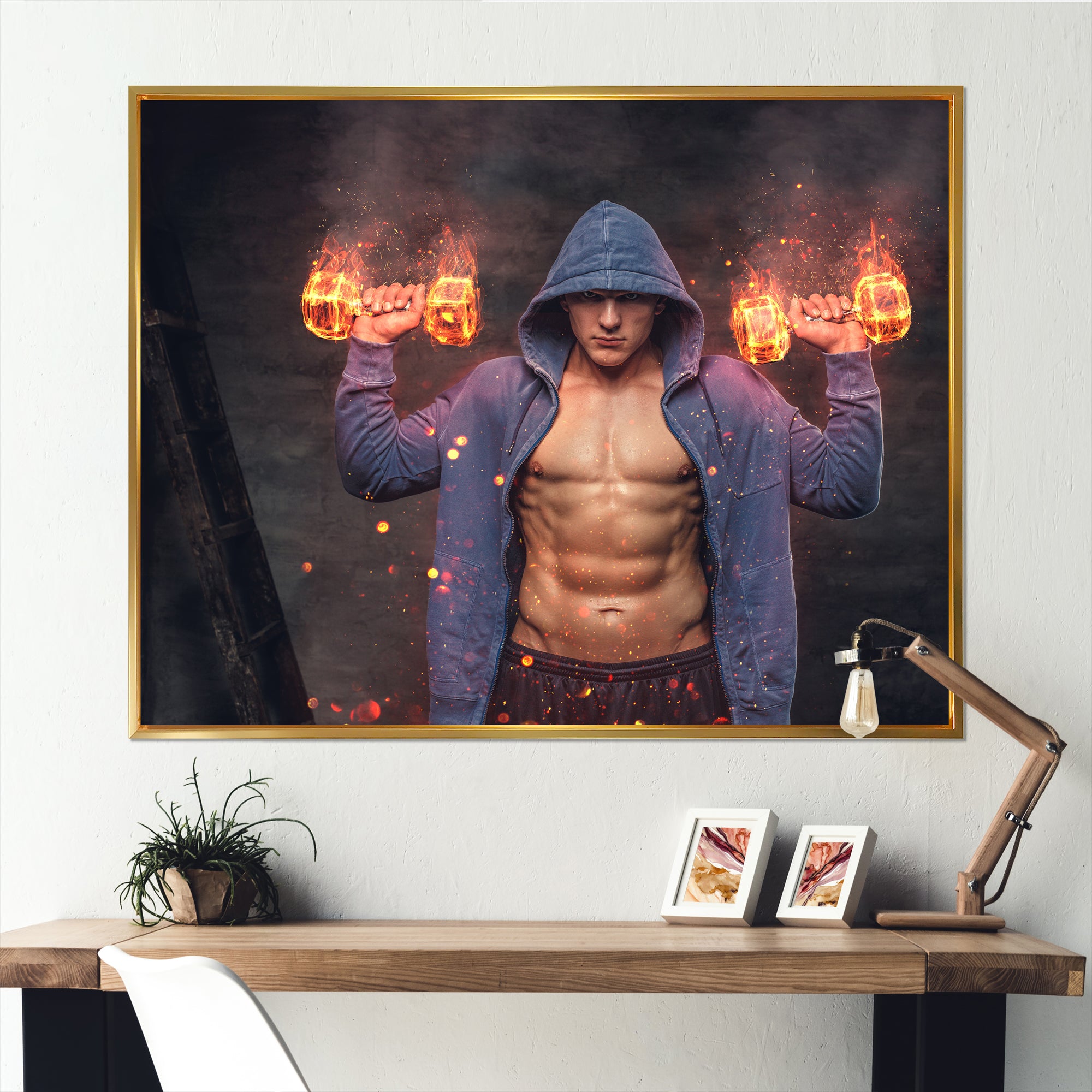 Builder Holds Burning Dumbbells - Aerobic & Bodybuilding Canvas Wall Art