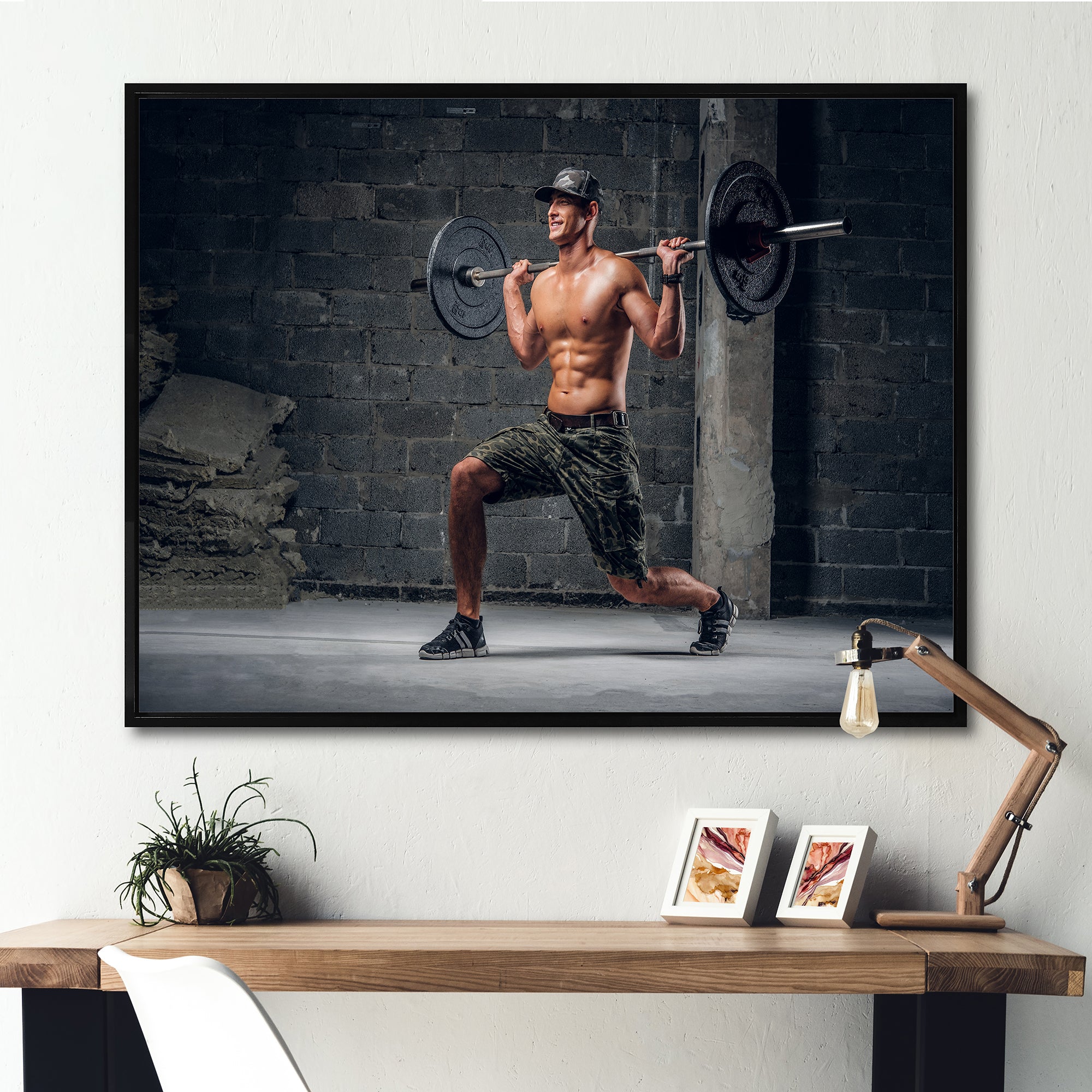 Man Is Doing Lunge With Barbell - Aerobic & Bodybuilding Canvas Wall Art