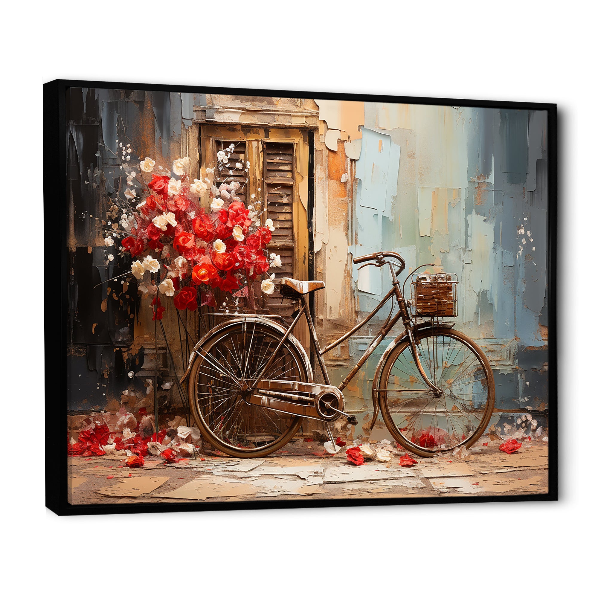 Crimson Ride Red Flowers - Bicycle Canvas Wall Art