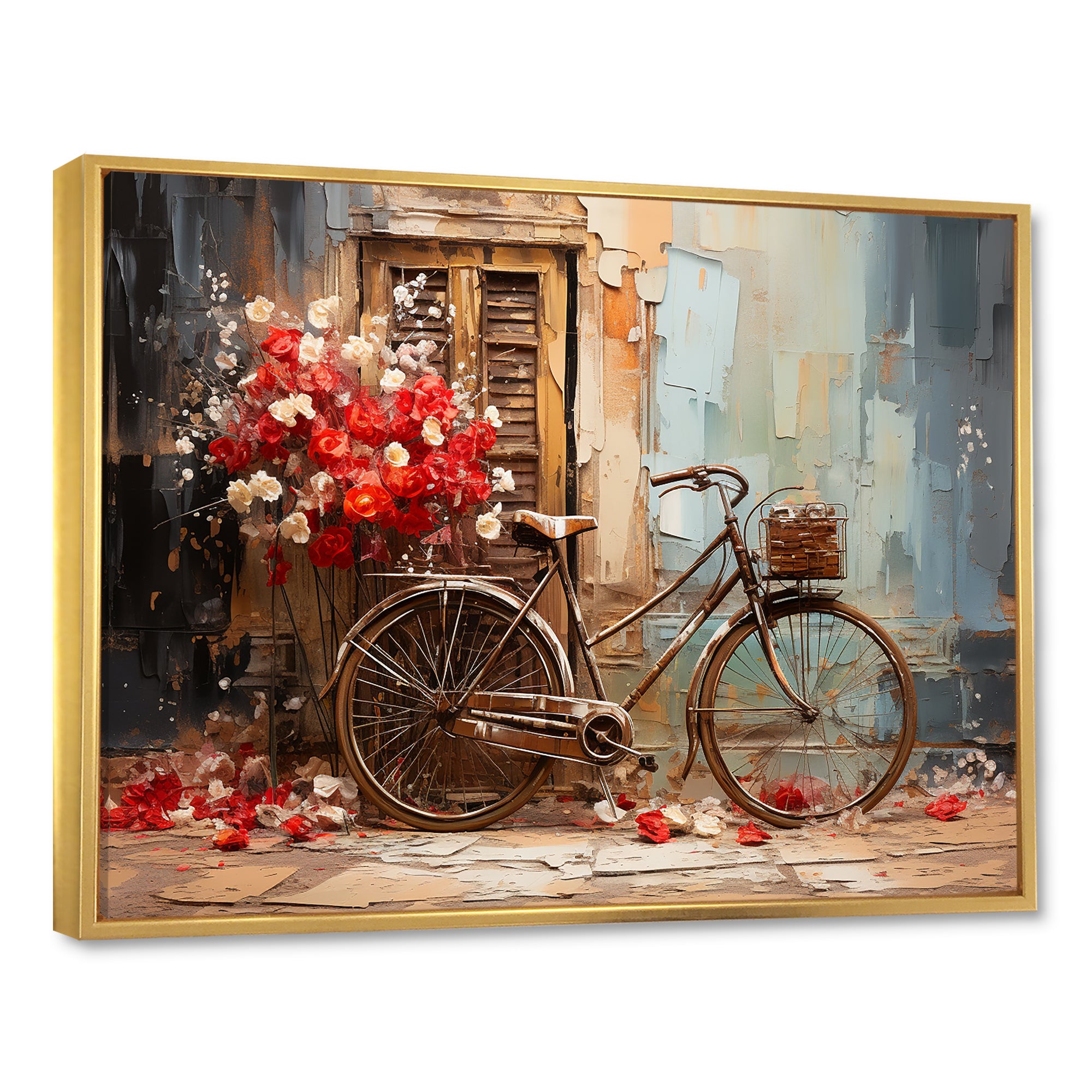 Crimson Ride Red Flowers - Bicycle Canvas Wall Art