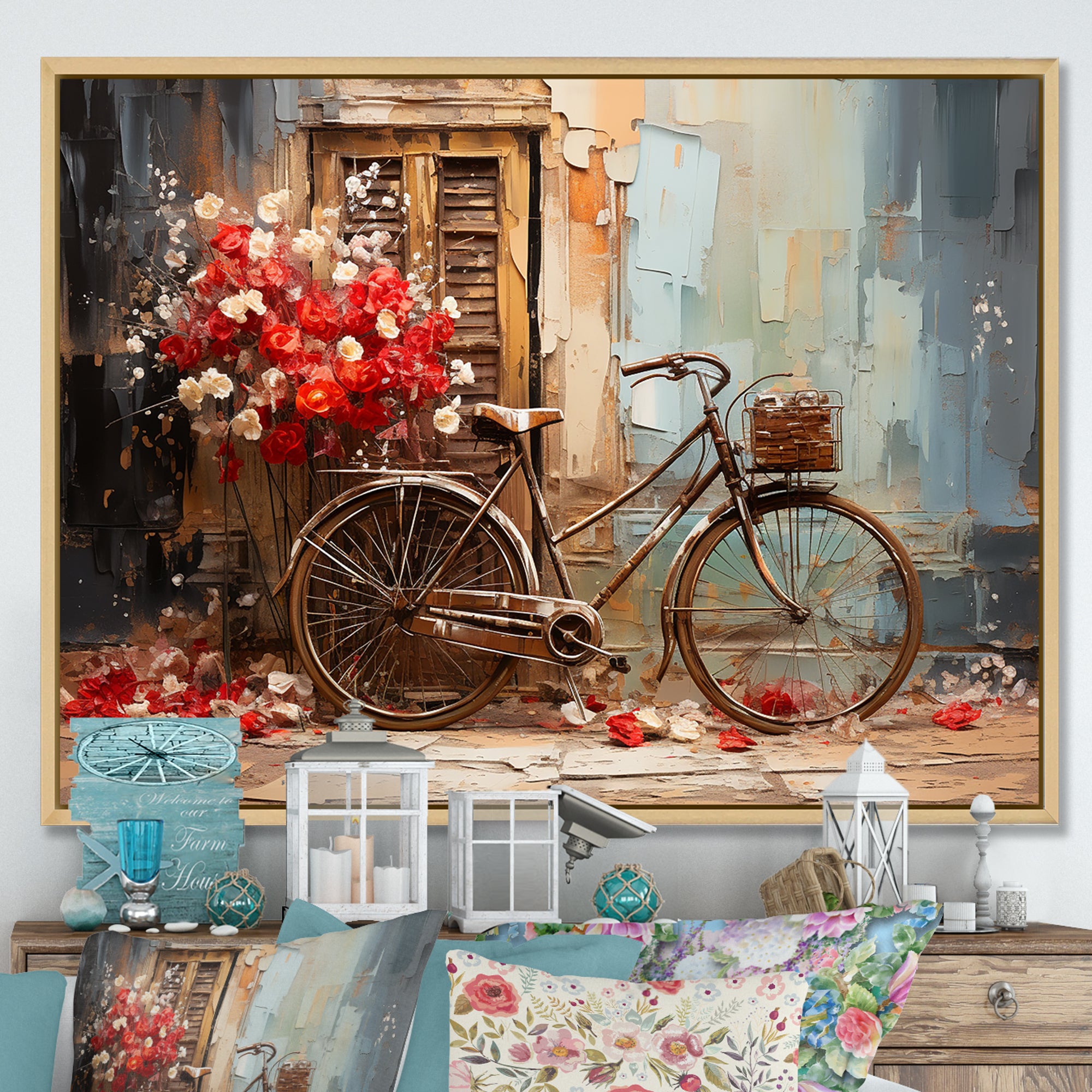 Crimson Ride Red Flowers - Bicycle Canvas Wall Art