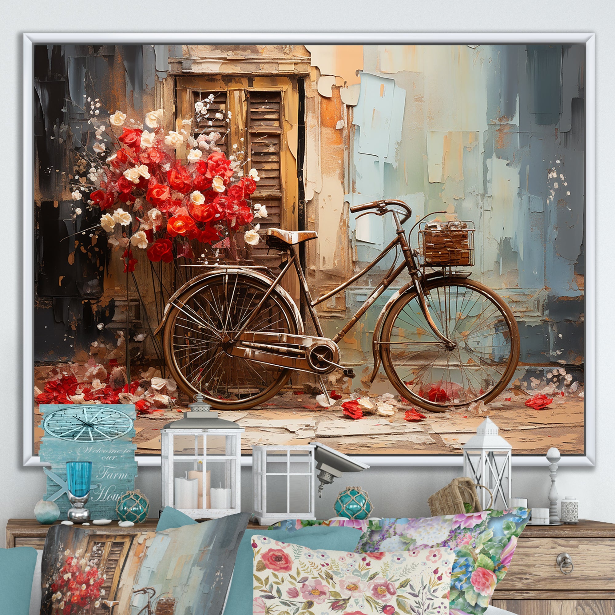 Crimson Ride Red Flowers - Bicycle Canvas Wall Art