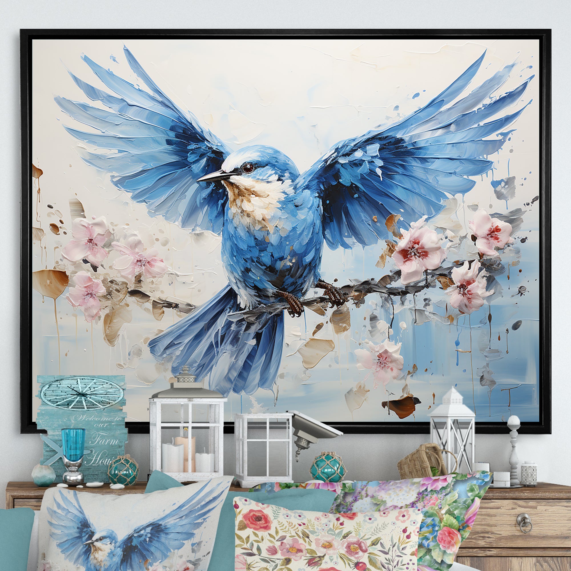 Blue Hues A Serene Scene Of Birds - Bird Large Canvas Wall Art