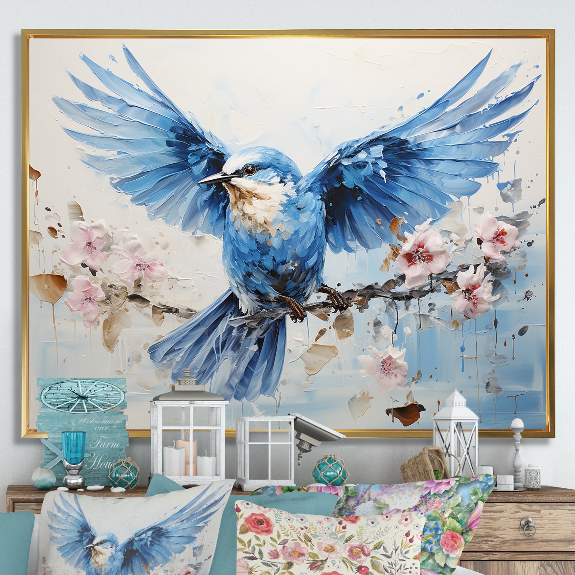 Blue Hues A Serene Scene Of Birds - Bird Large Canvas Wall Art