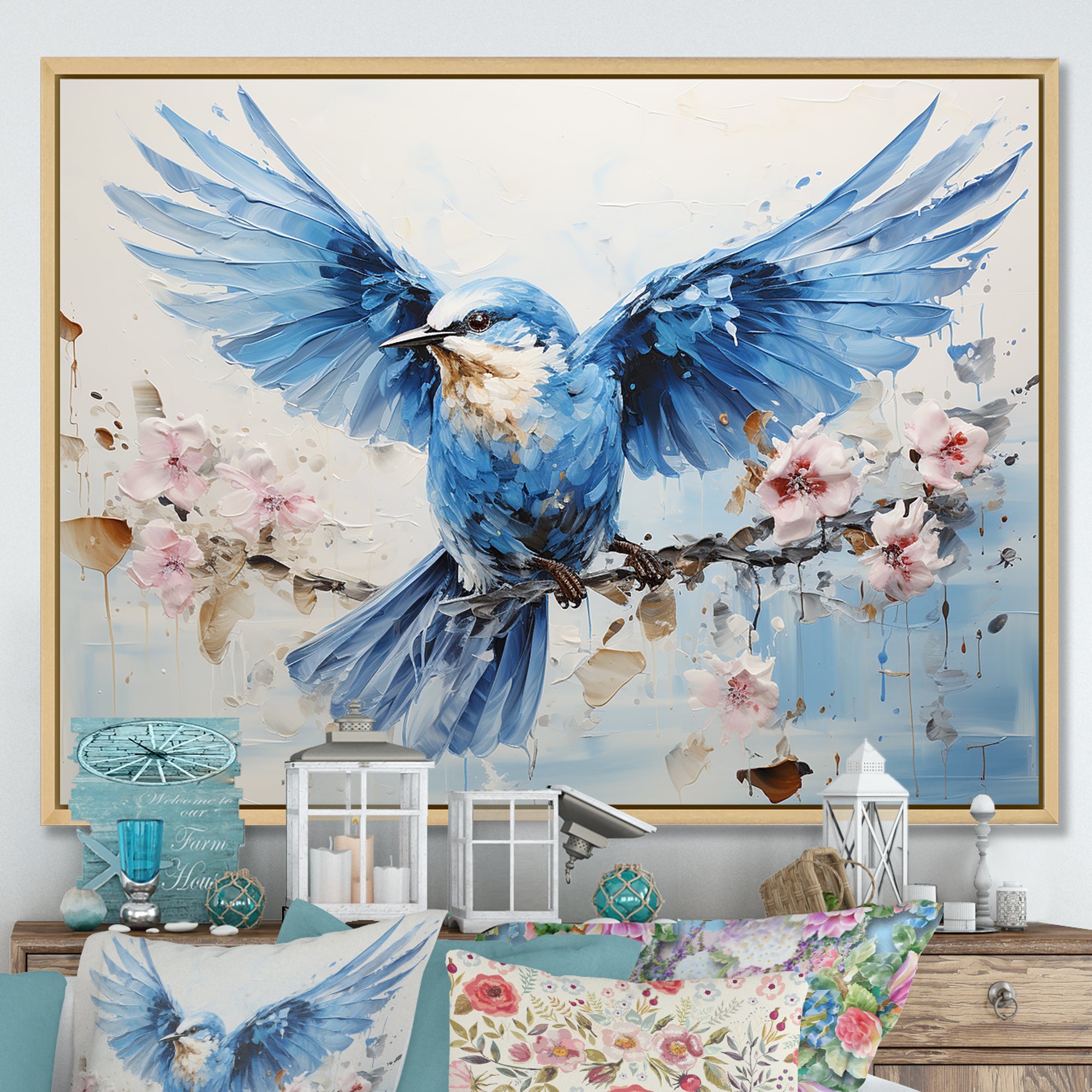 Blue Hues A Serene Scene Of Birds - Bird Large Canvas Wall Art