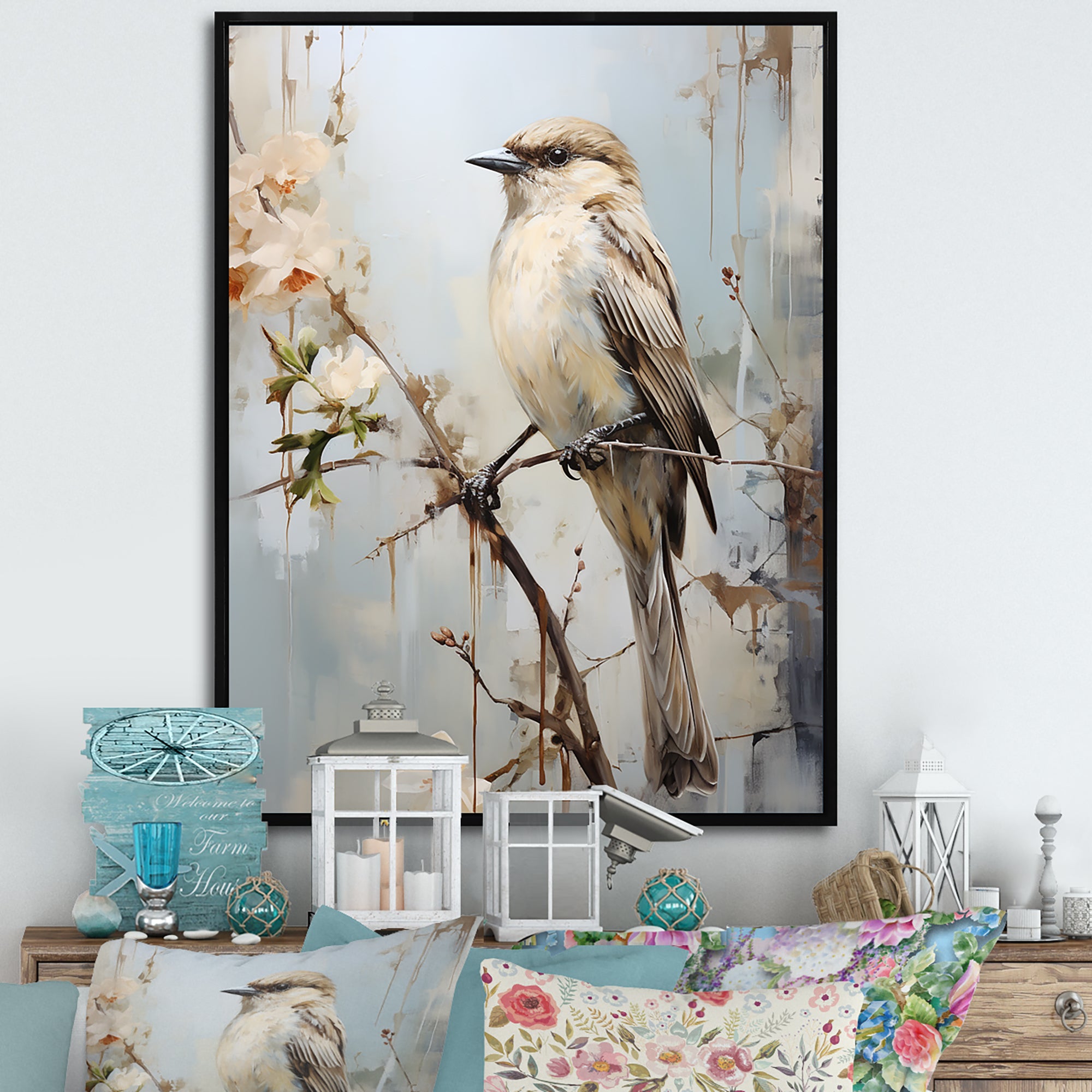 Minimalism Beige Bird On Branch - Bird Wall Decor