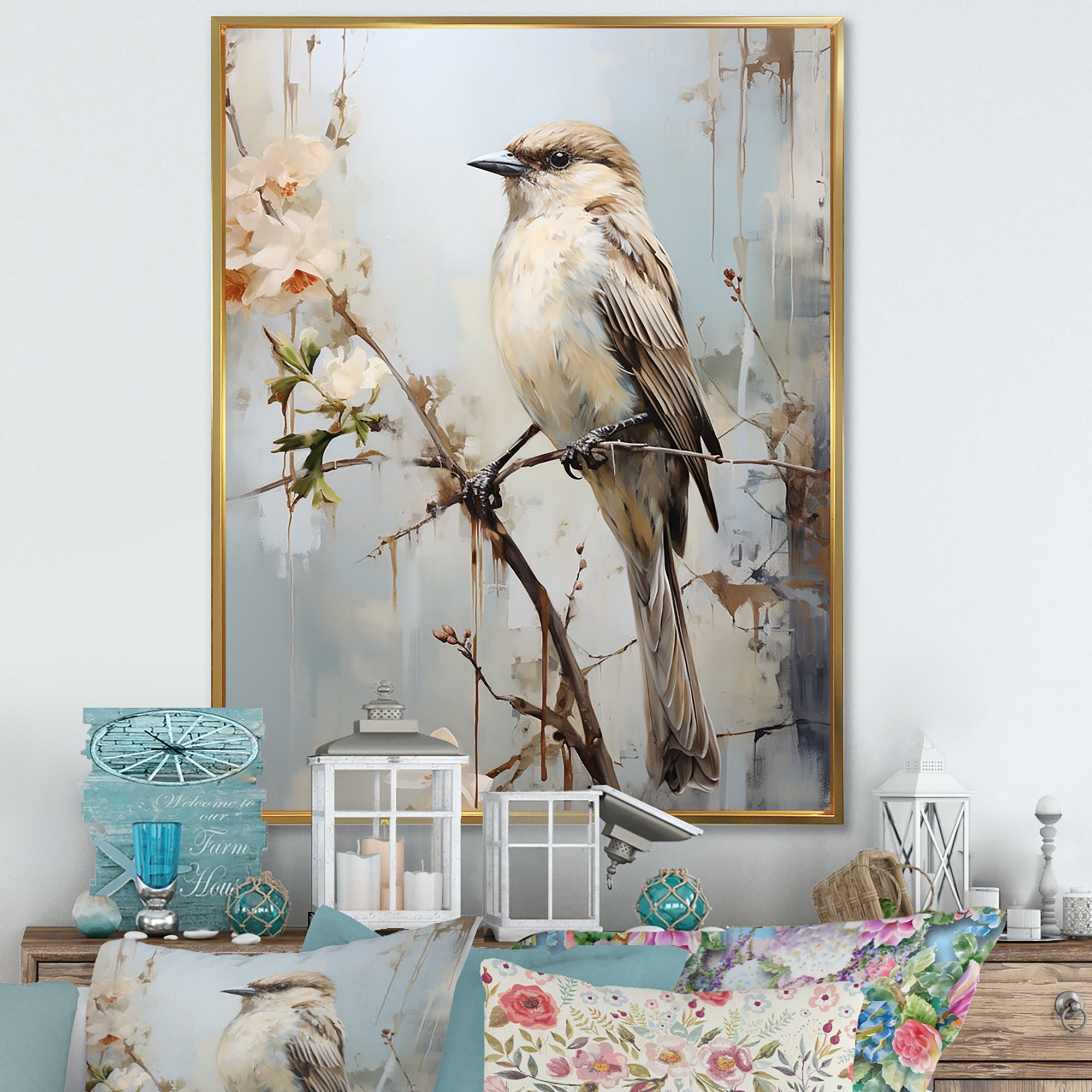 Minimalism Beige Bird On Branch - Bird Wall Decor