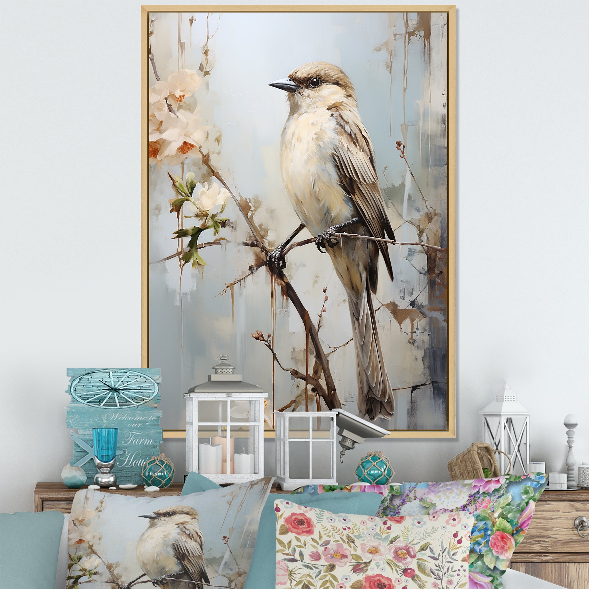 Minimalism Beige Bird On Branch - Bird Wall Decor