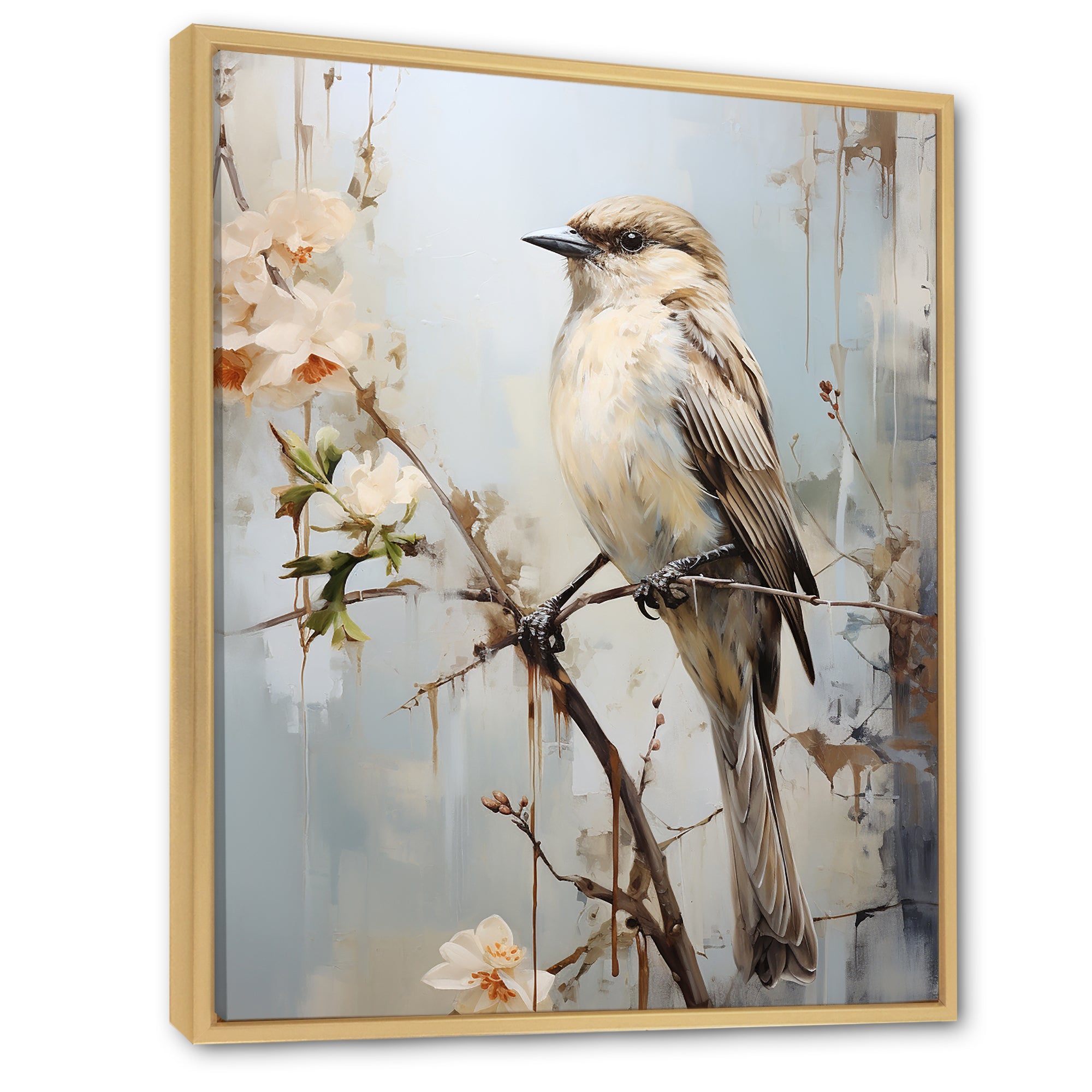 Minimalism Beige Bird On Branch - Bird Wall Decor