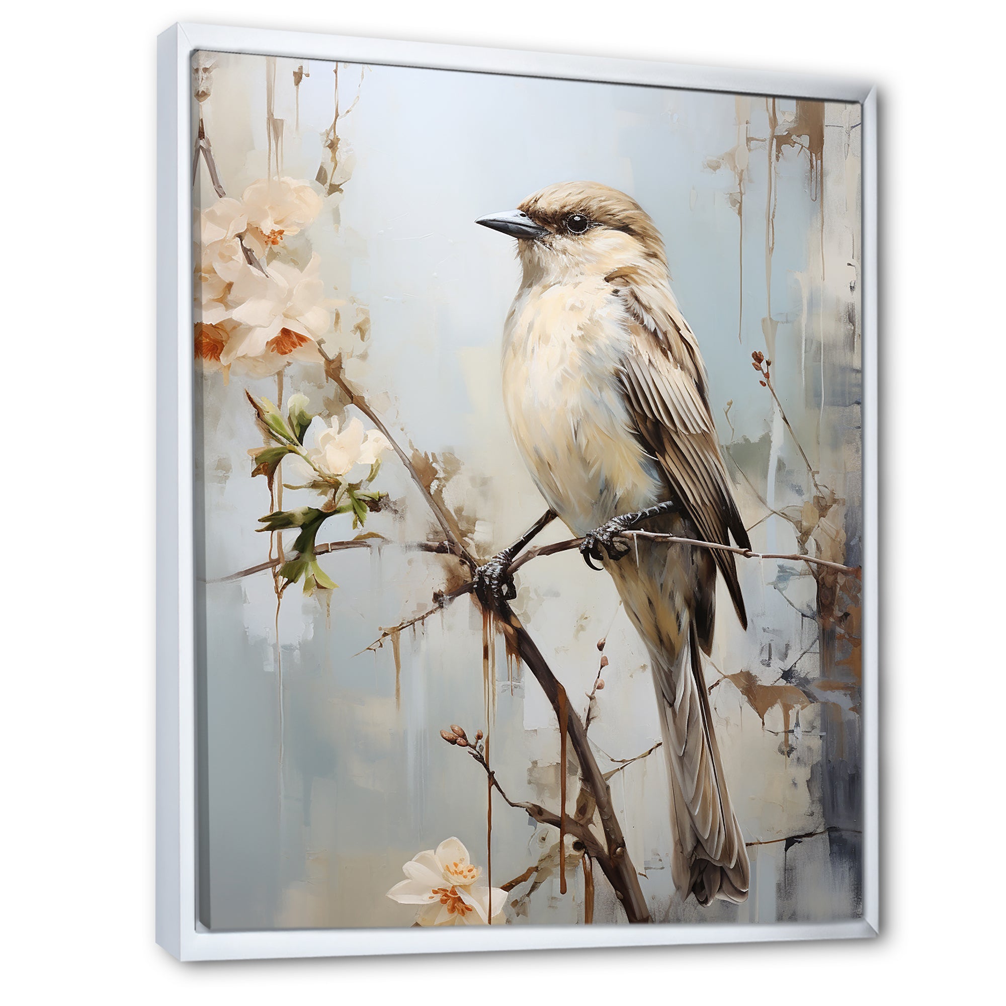 Minimalism Beige Bird On Branch - Bird Wall Decor