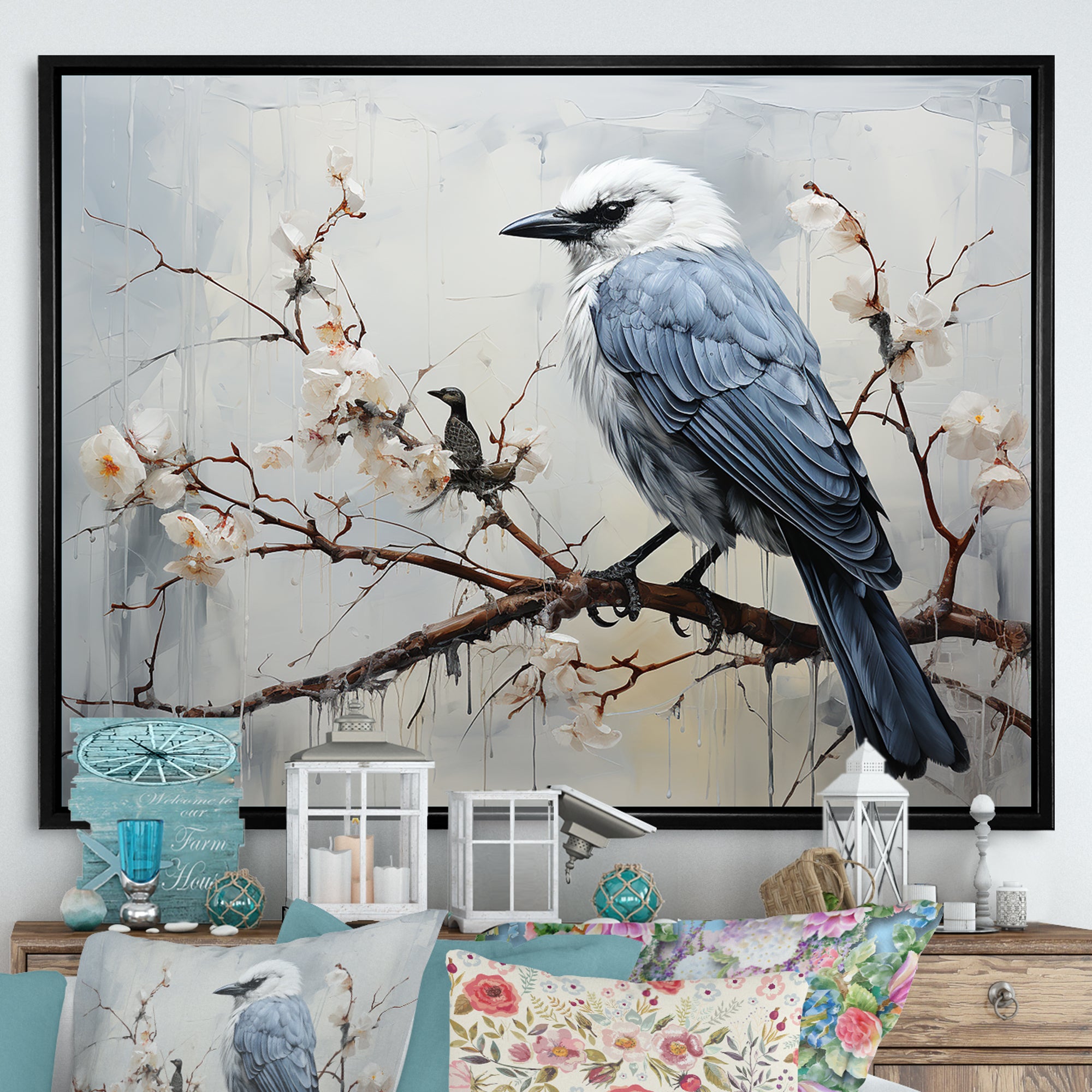 Misty Blue Ray Bird On Branch - Bird Wall Art Prints