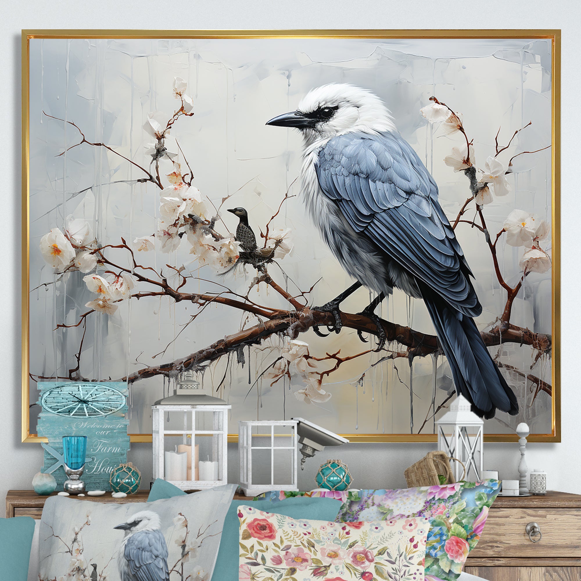 Misty Blue Ray Bird On Branch - Bird Wall Art Prints
