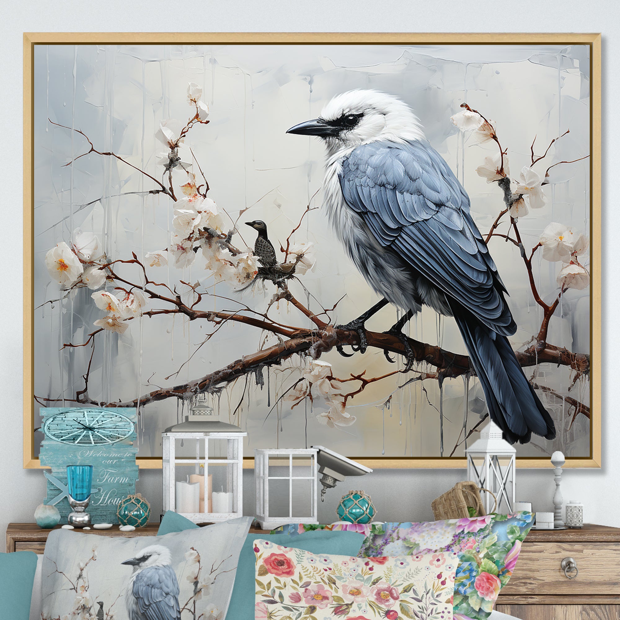 Misty Blue Ray Bird On Branch - Bird Wall Art Prints