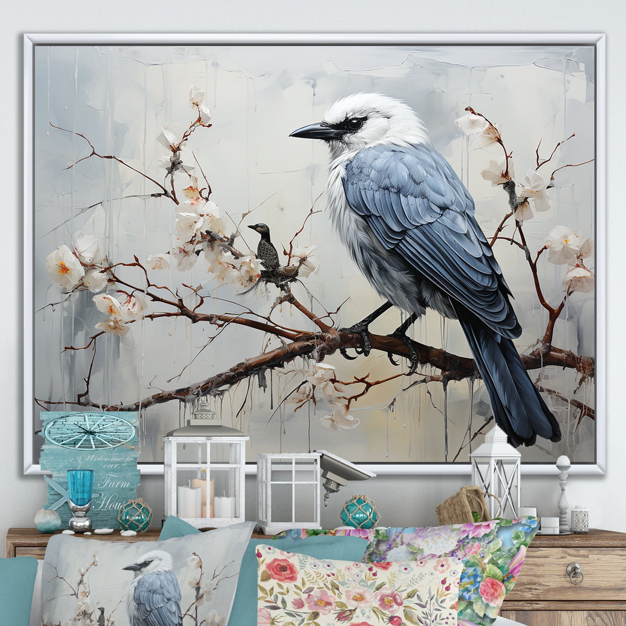 Misty Blue Ray Bird On Branch - Bird Wall Art Prints