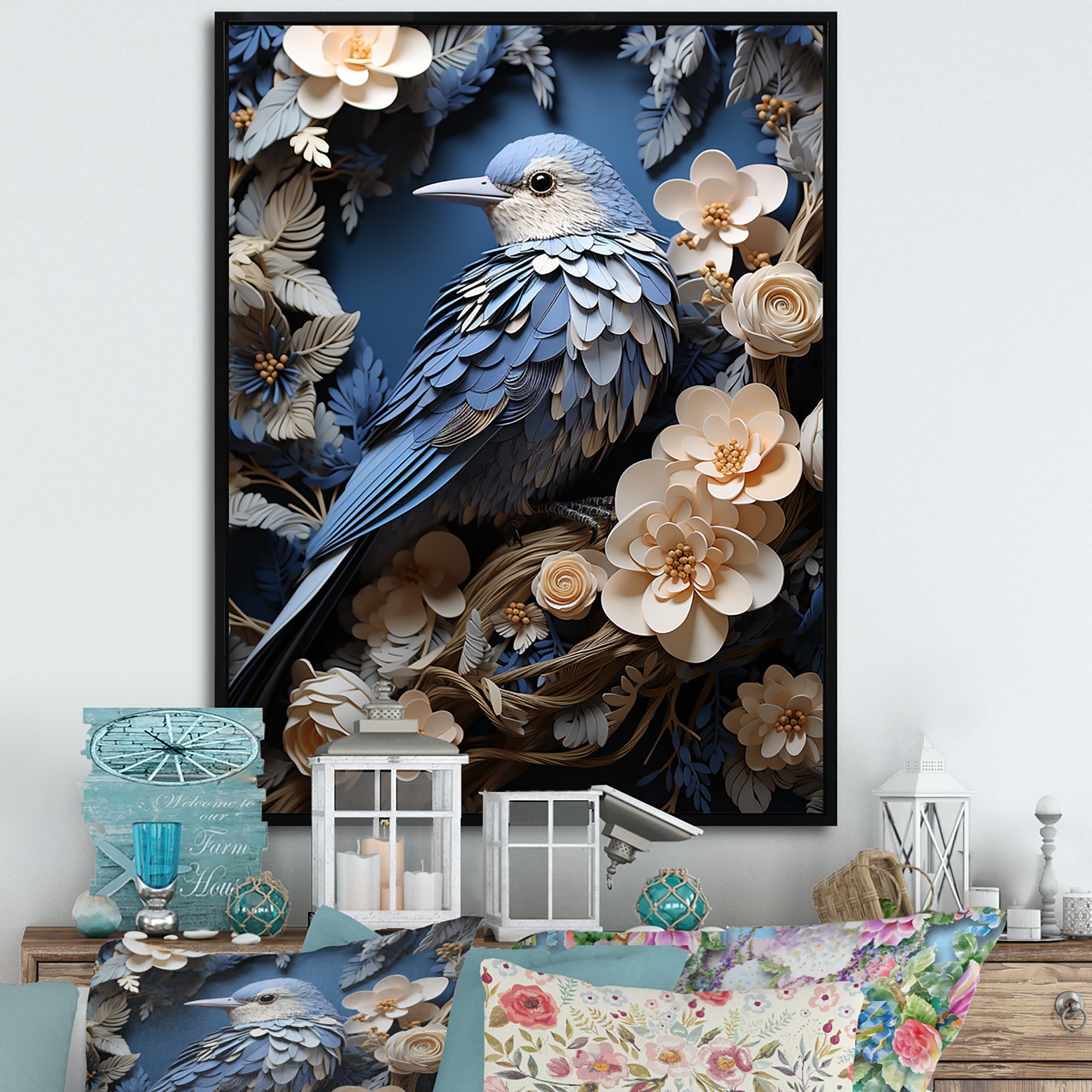 Surreal Nest Bird On Flowers - Blue Bird Wall Art