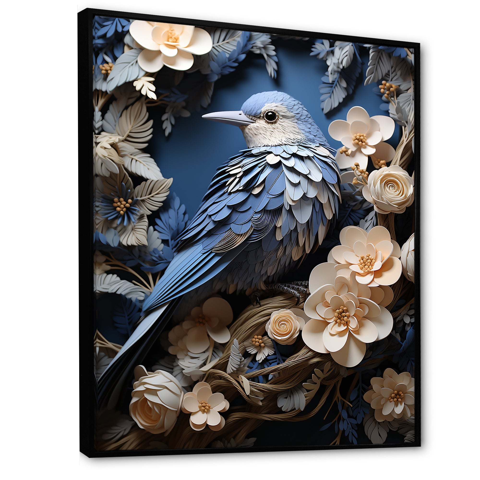 Surreal Nest Bird On Flowers - Blue Bird Wall Art