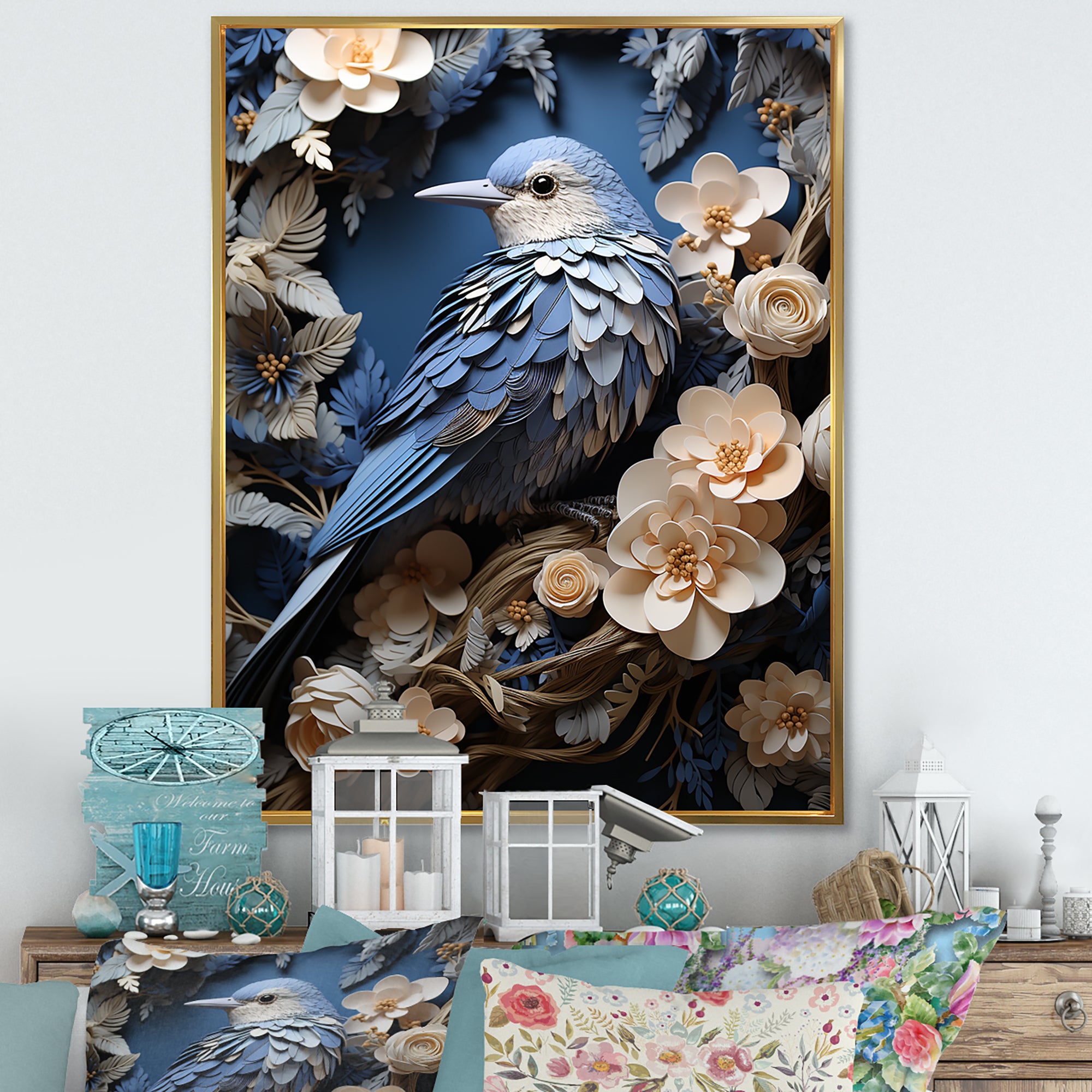 Surreal Nest Bird On Flowers - Blue Bird Wall Art