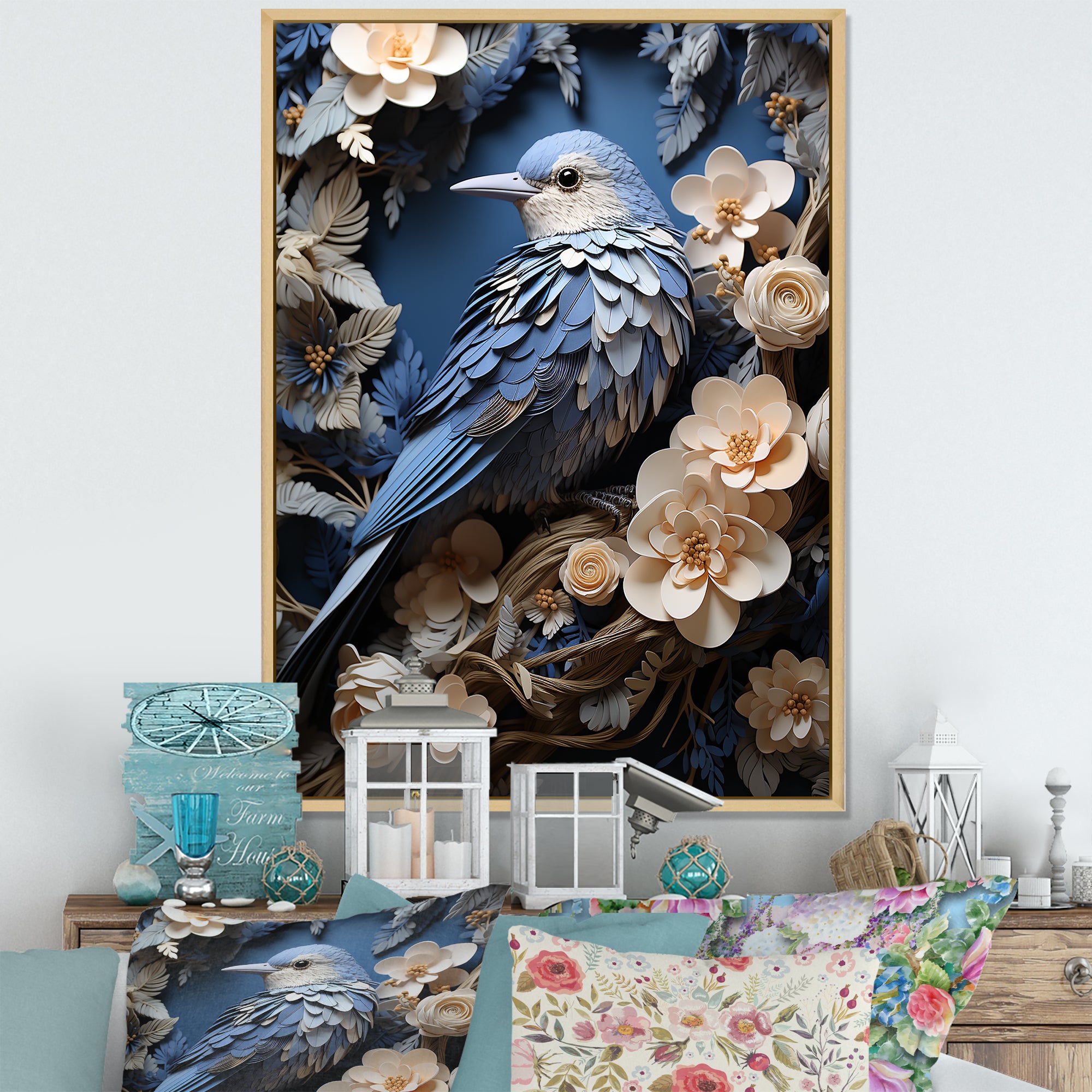 Surreal Nest Bird On Flowers - Blue Bird Wall Art