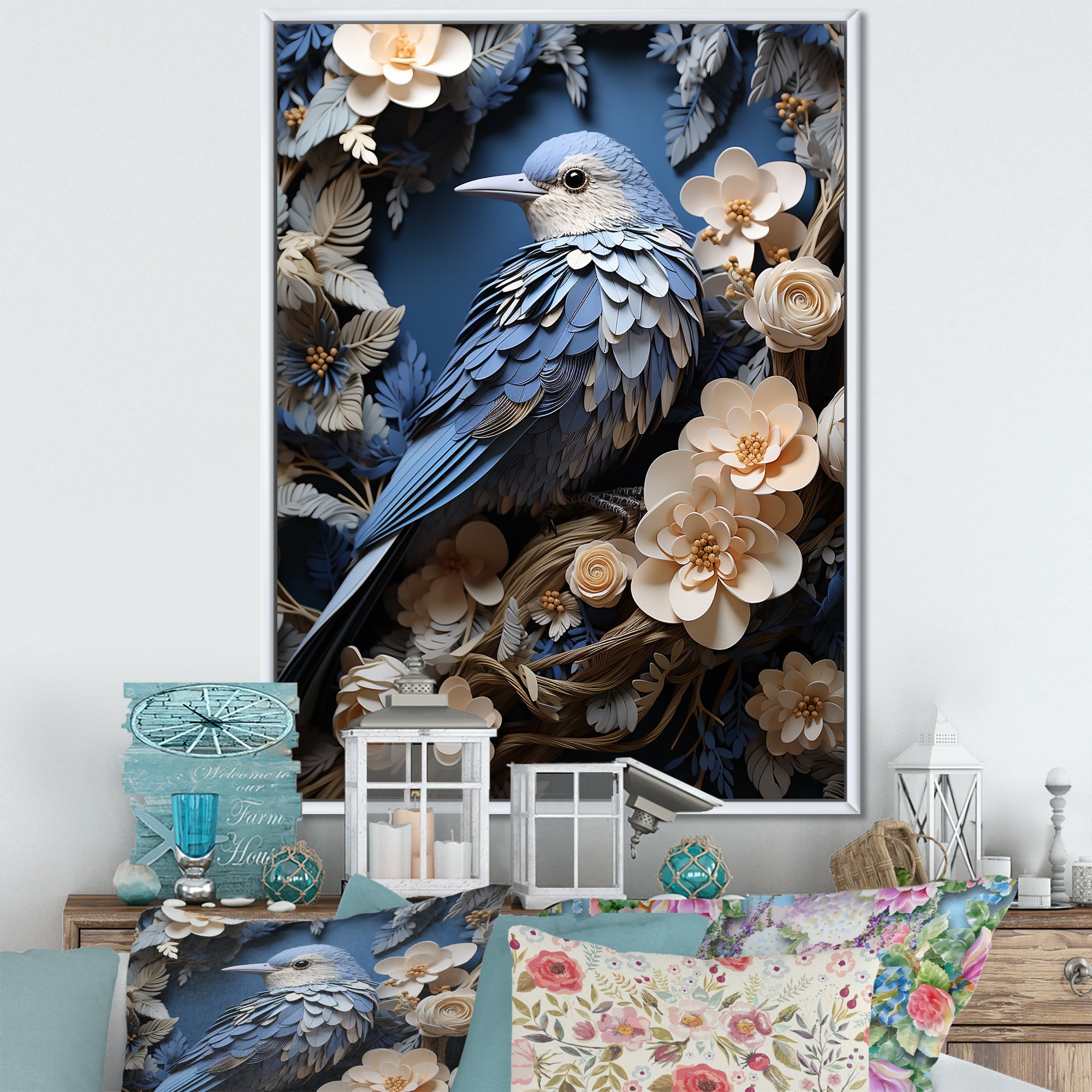 Surreal Nest Bird On Flowers - Blue Bird Wall Art