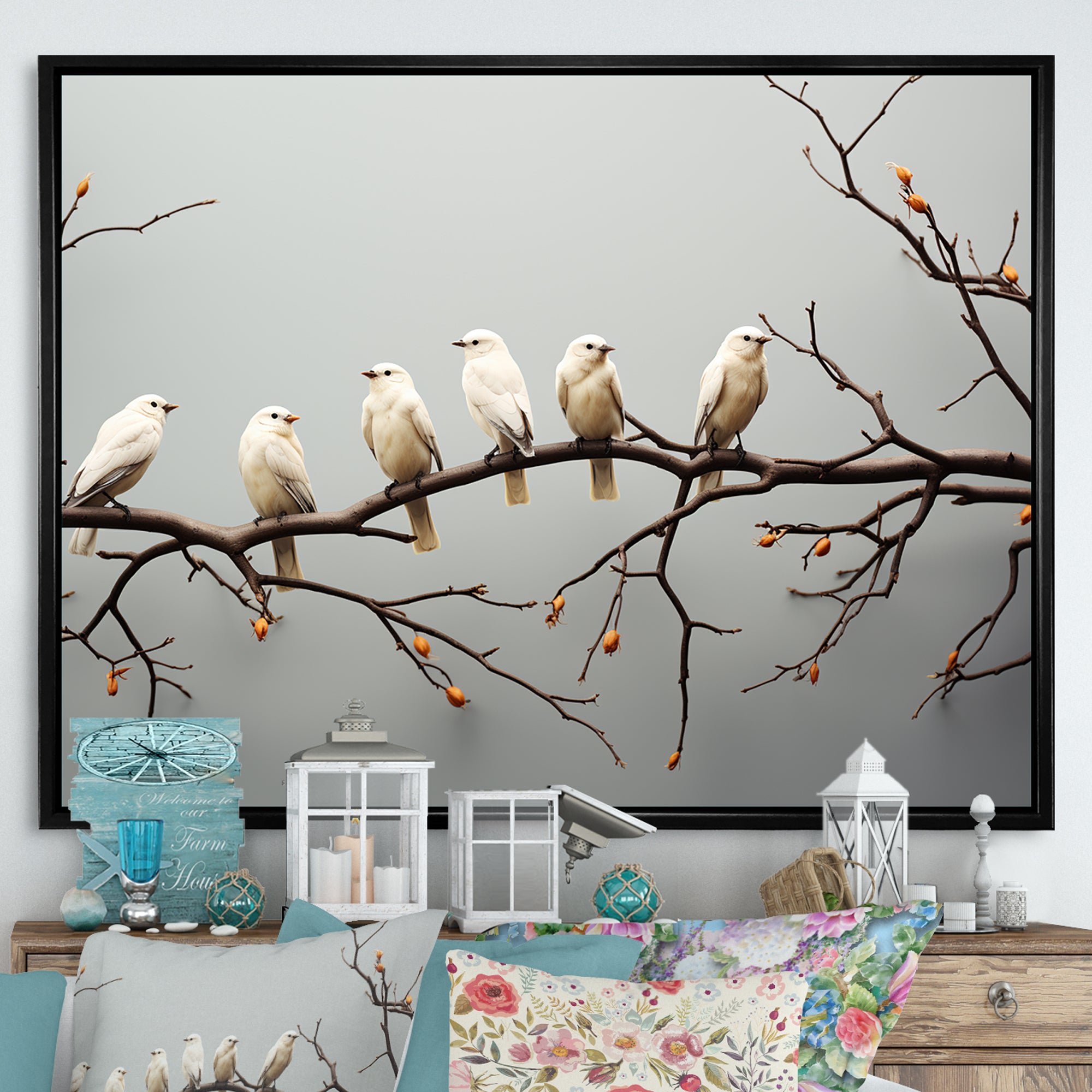 Contemporary Flock Of Birds On Branch - Bird Home Decor Art