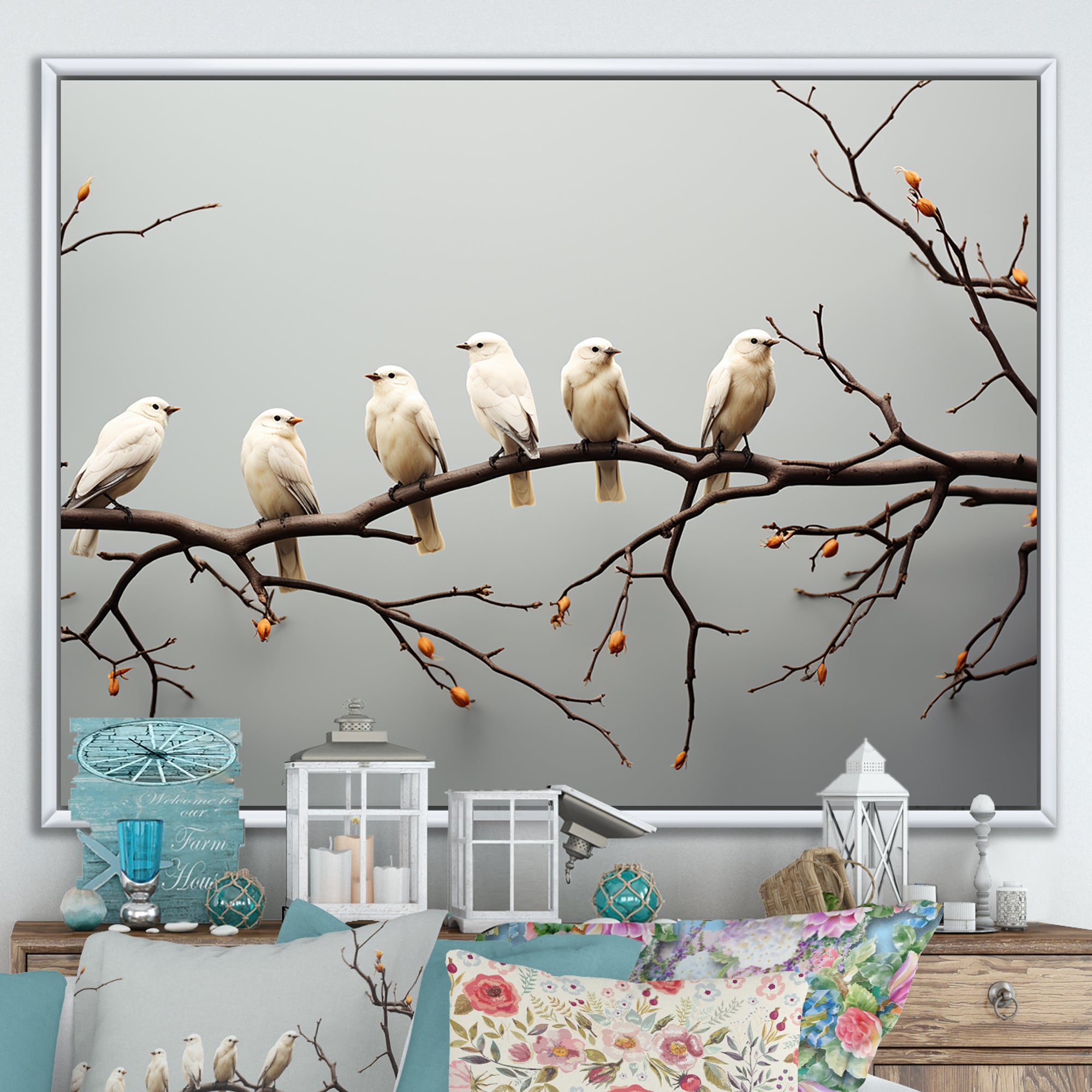 Contemporary Flock Of Birds On Branch - Bird Home Decor Art