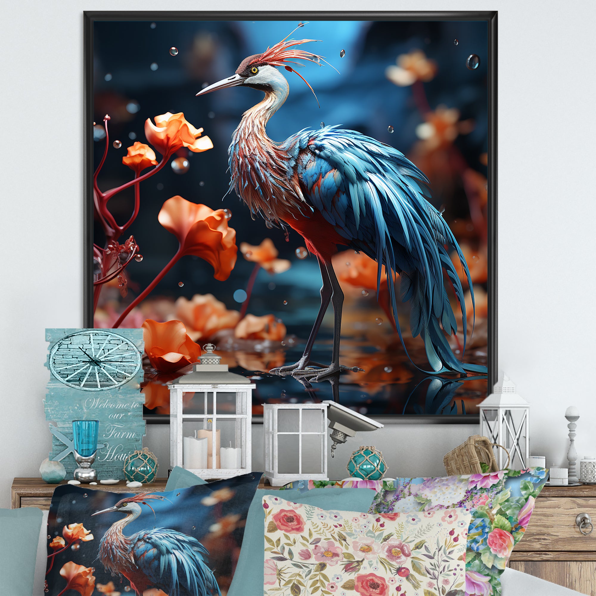 Watery Blues Heron - Bird Large Canvas Wall Art