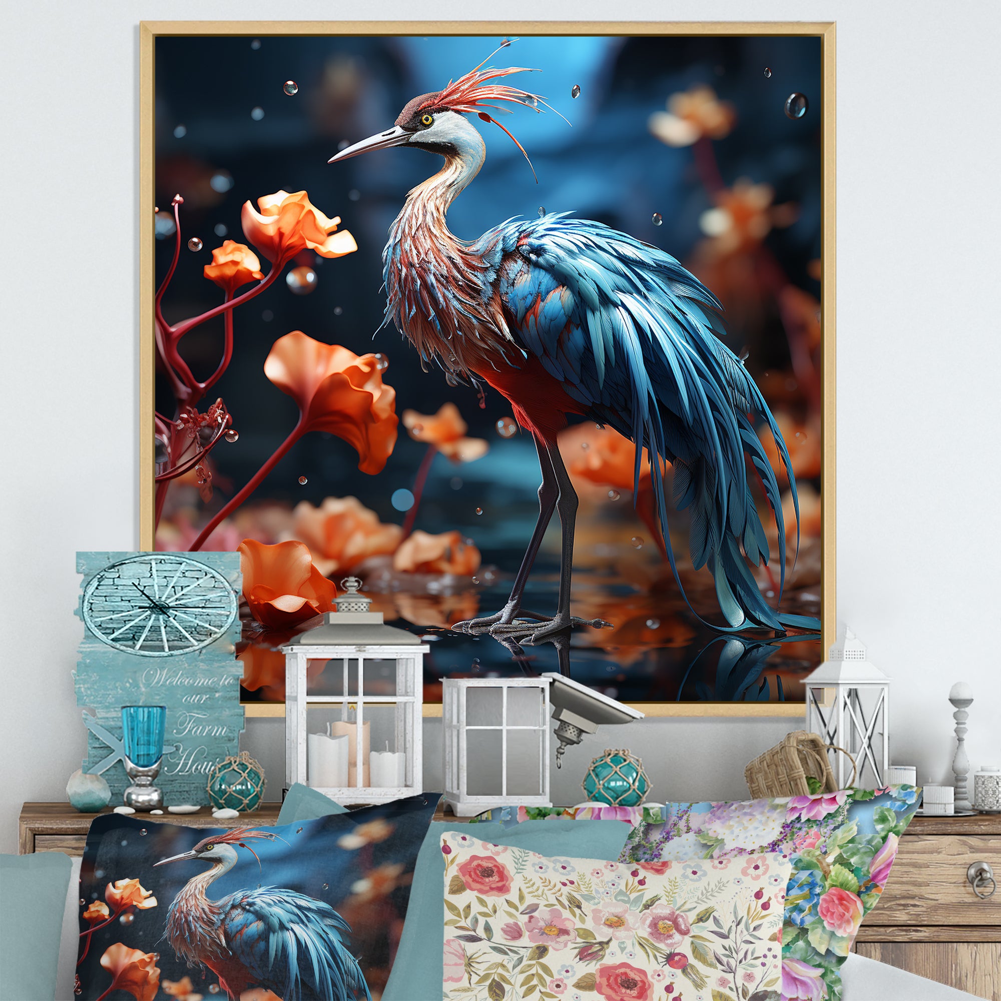 Watery Blues Heron - Bird Large Canvas Wall Art