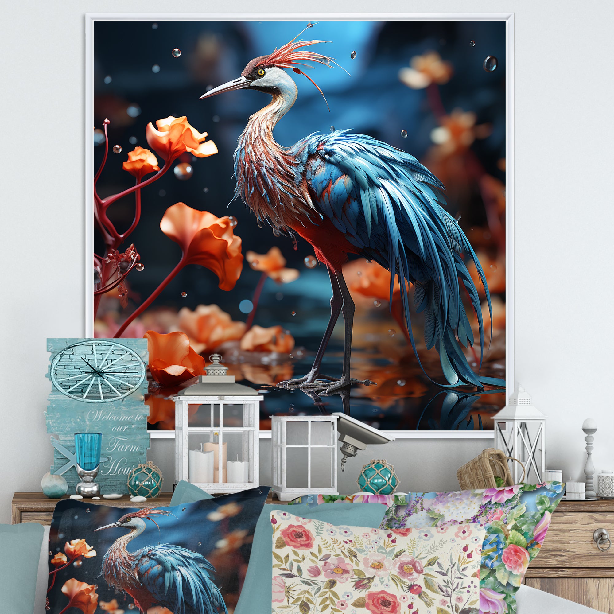 Watery Blues Heron - Bird Large Canvas Wall Art
