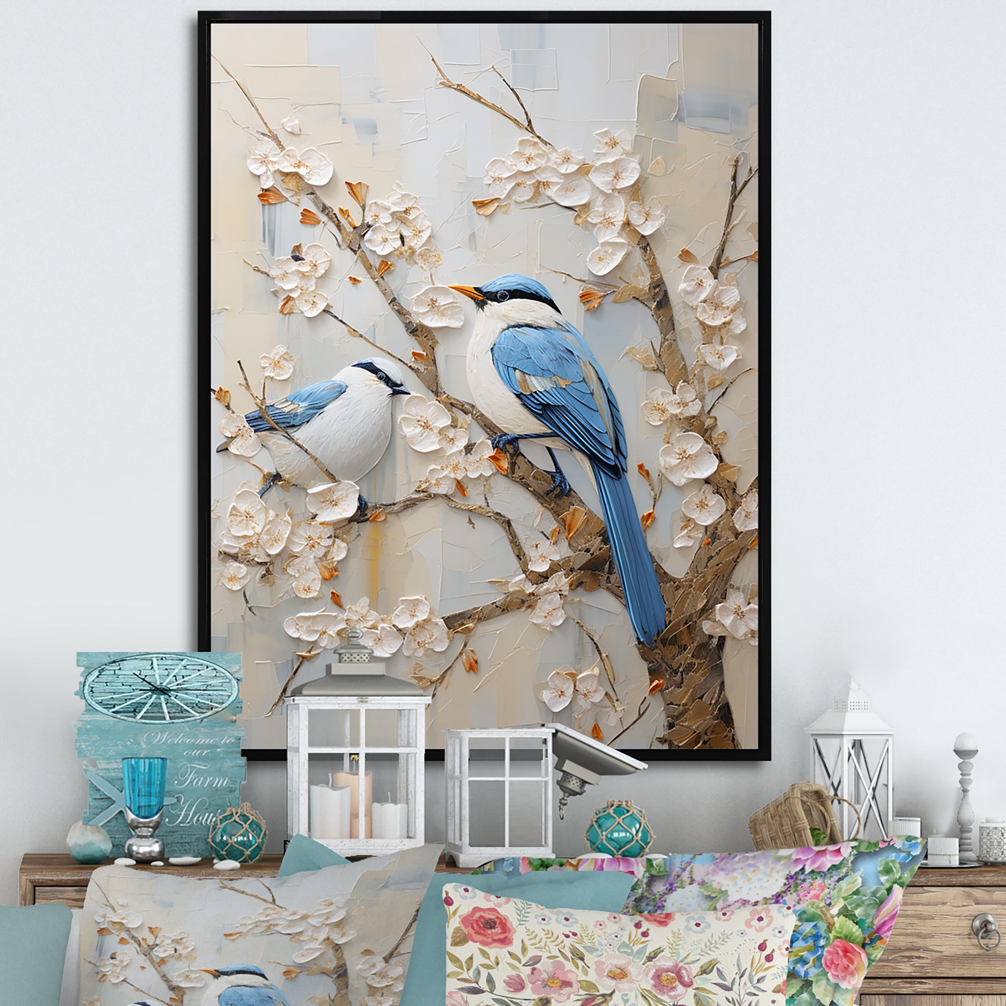 Minimalism Birds Paradise Cherry Blossoms - Bird Floral Canvas Wall Art