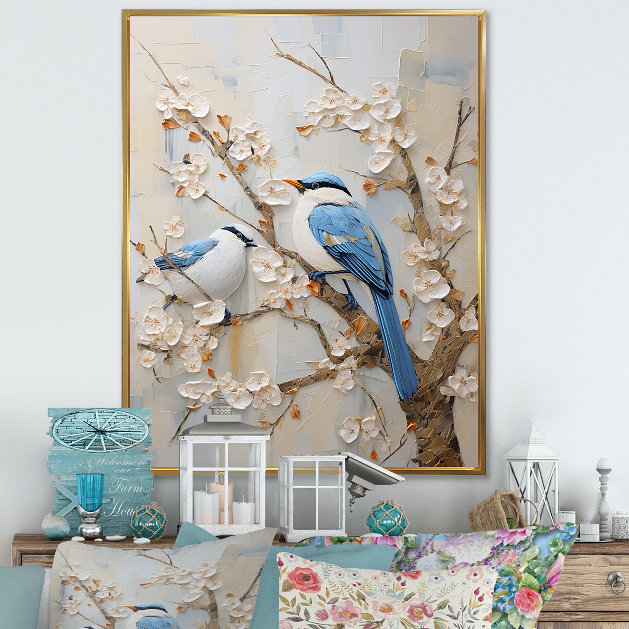Minimalism Birds Paradise Cherry Blossoms - Bird Floral Canvas Wall Art
