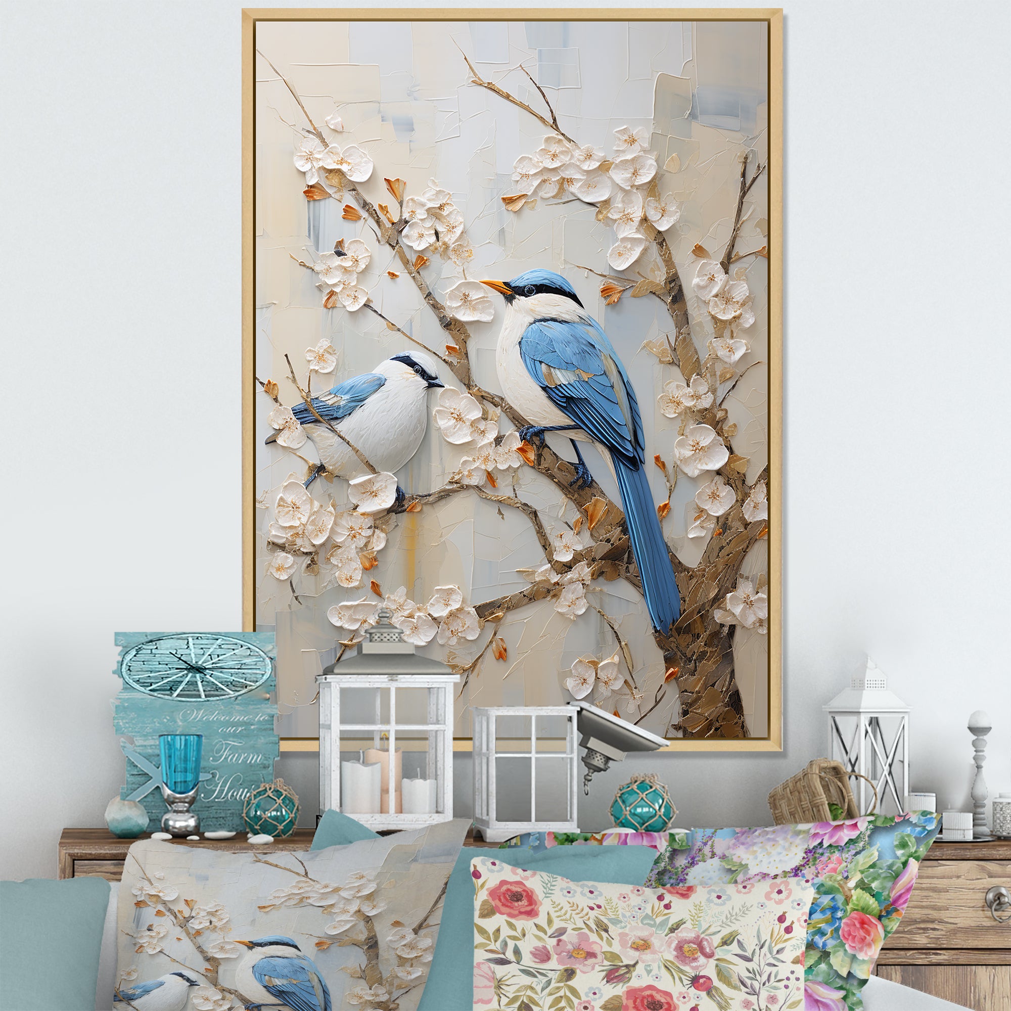 Minimalism Birds Paradise Cherry Blossoms - Bird Floral Canvas Wall Art