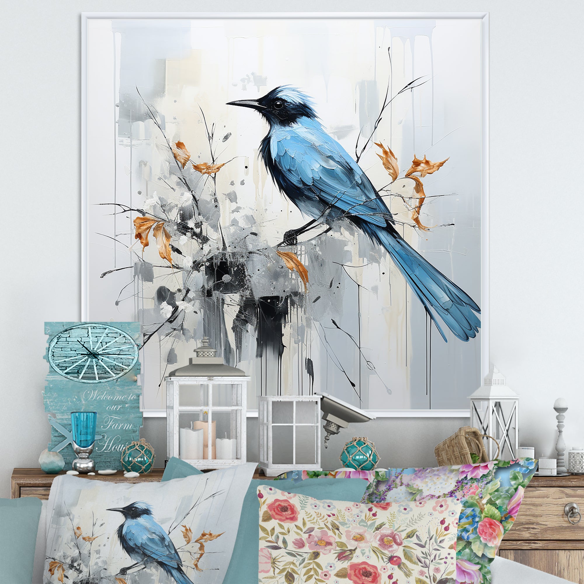 Blue Bird Minimalism Flowers - Bird Floral Wall Art Prints