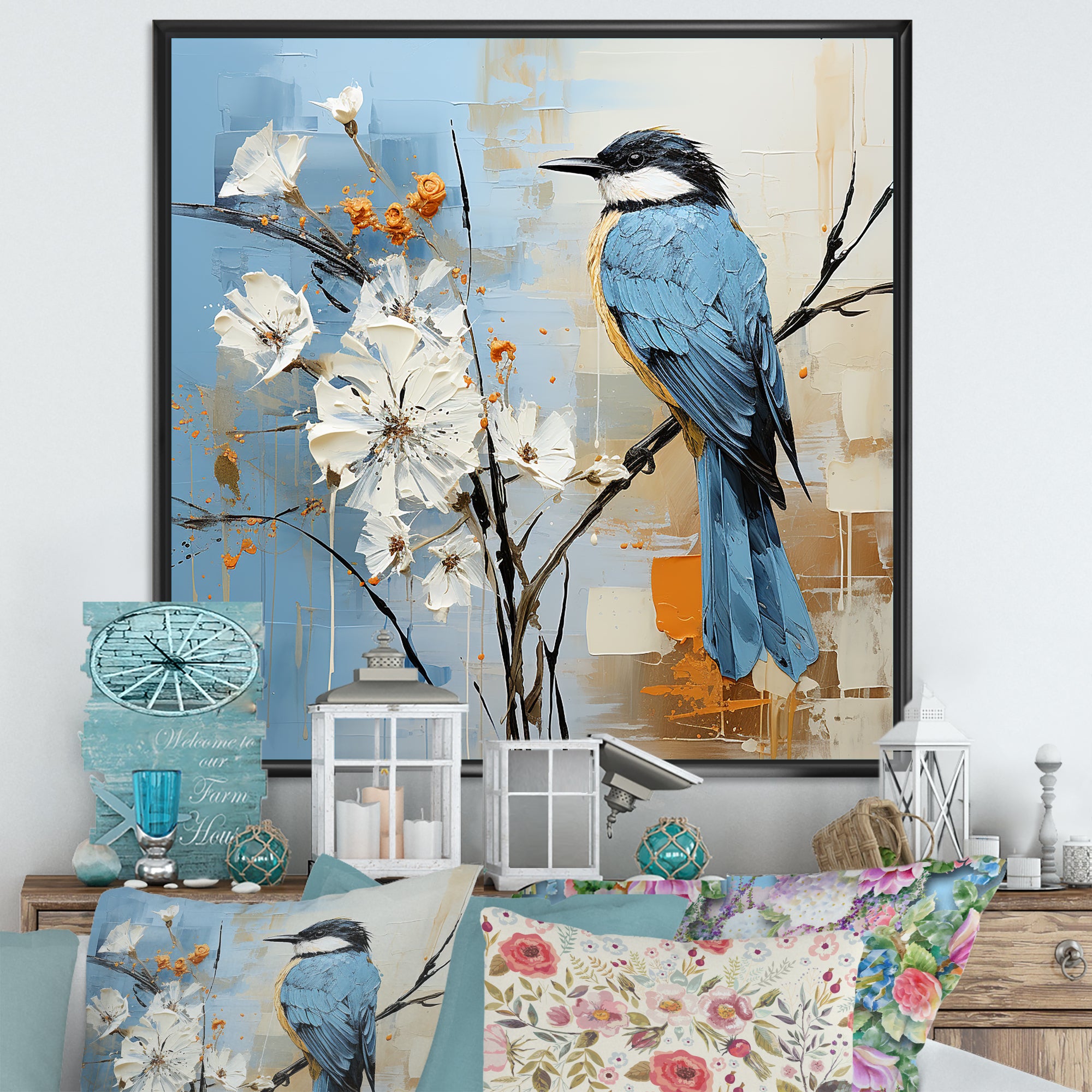 Blue Bird Minimalism White Flowers - Blue Bird Floral Wall Art