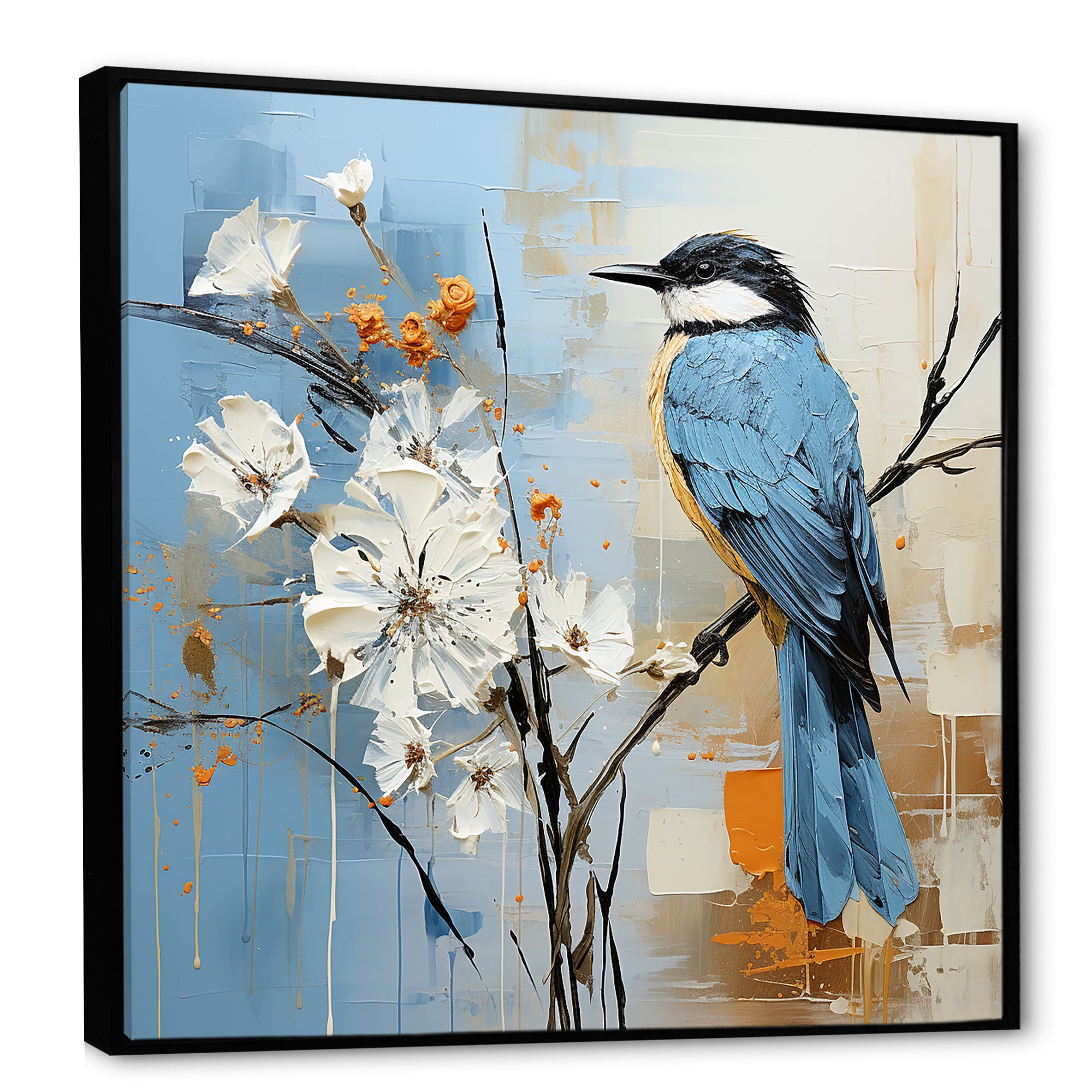 Blue Bird Minimalism White Flowers - Blue Bird Floral Wall Art
