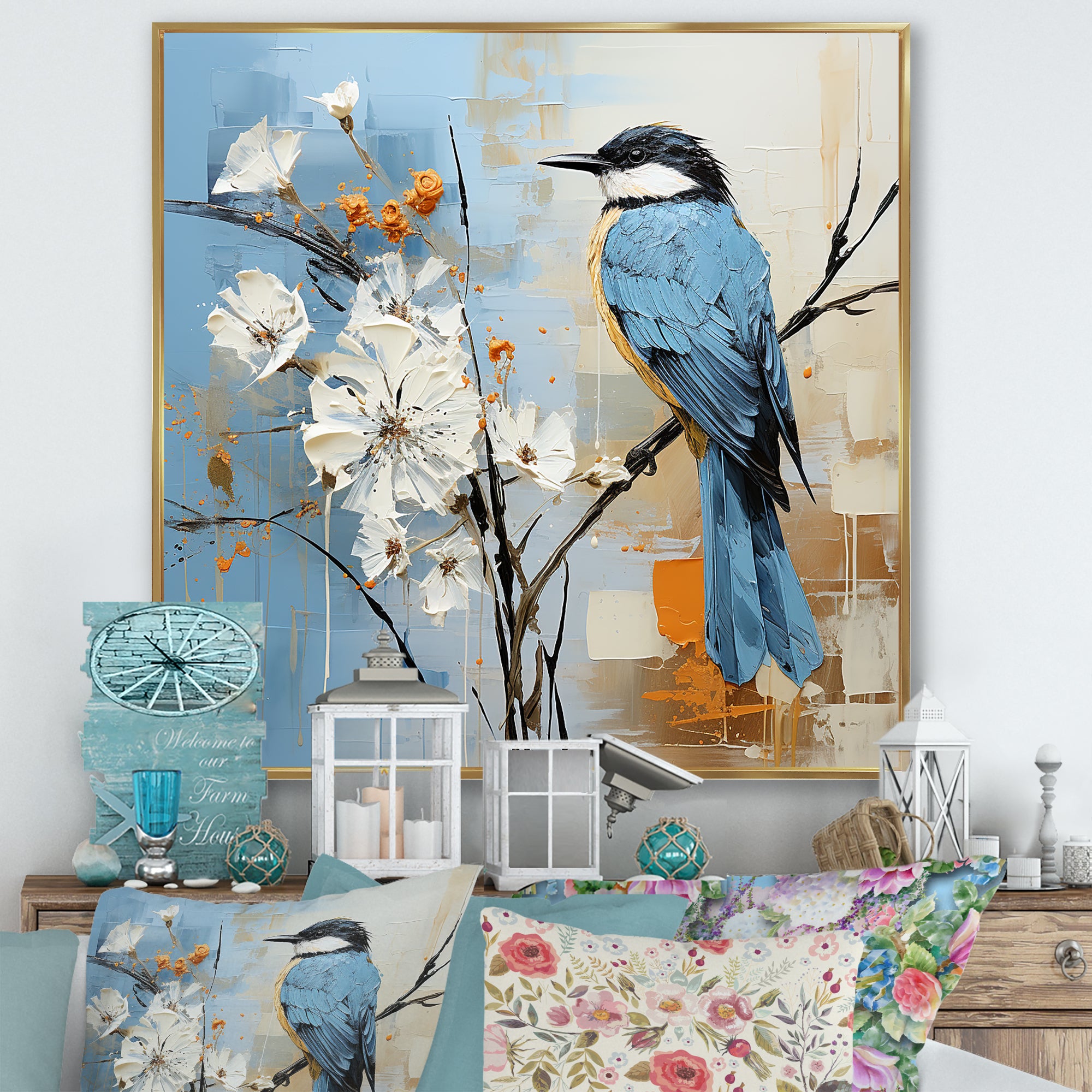 Blue Bird Minimalism White Flowers - Blue Bird Floral Wall Art