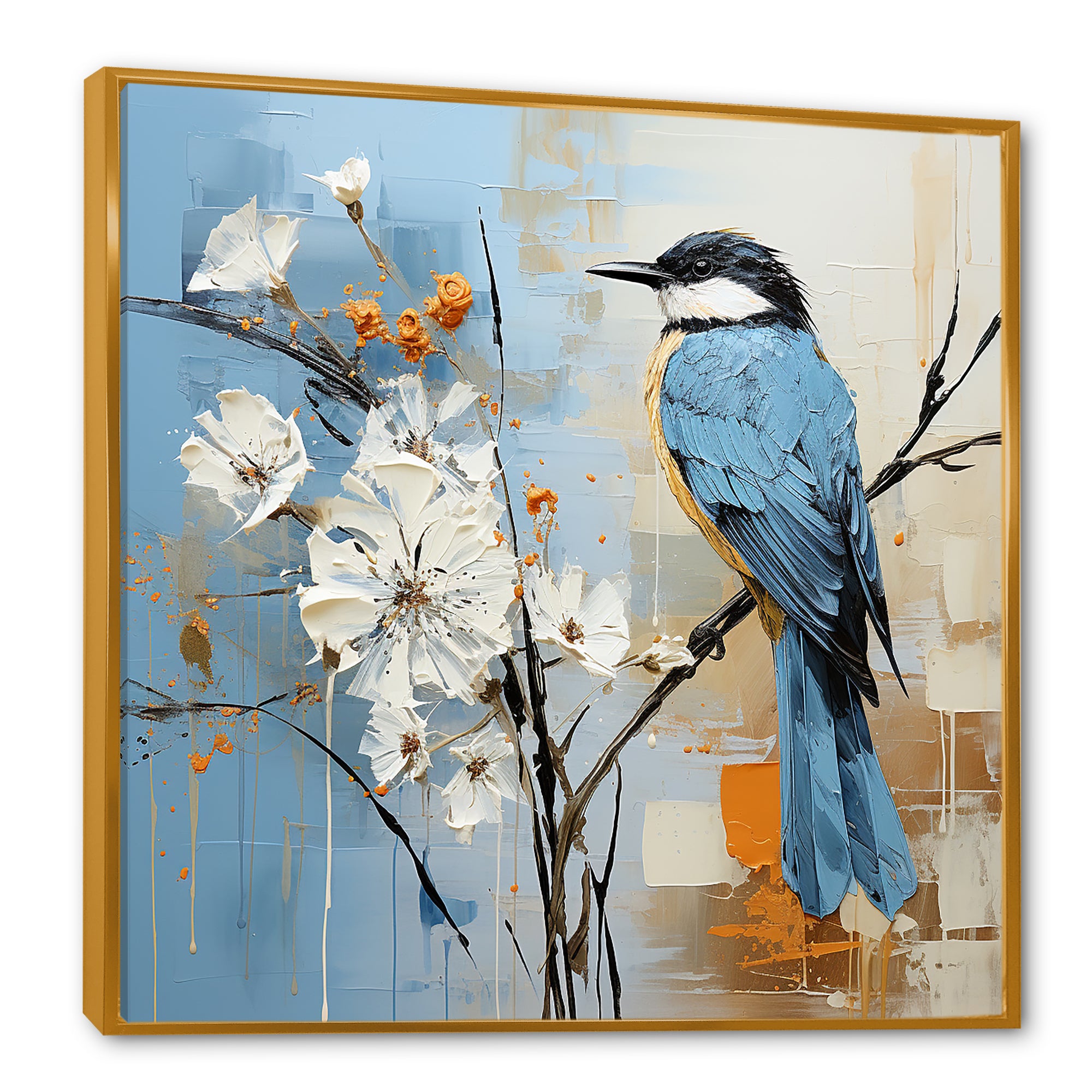 Blue Bird Minimalism White Flowers - Blue Bird Floral Wall Art