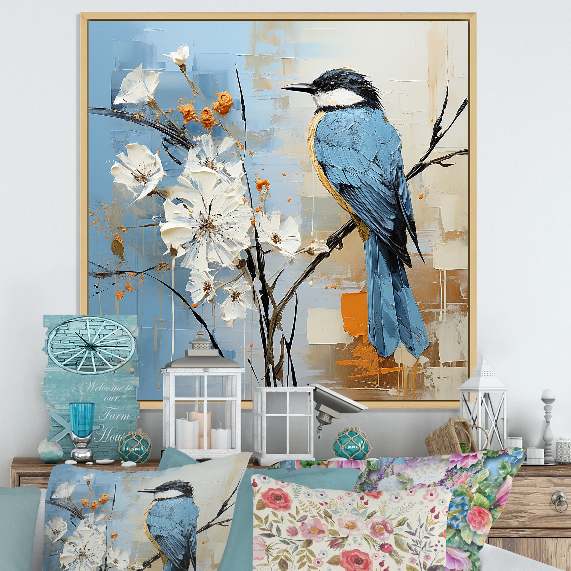 Blue Bird Minimalism White Flowers - Blue Bird Floral Wall Art