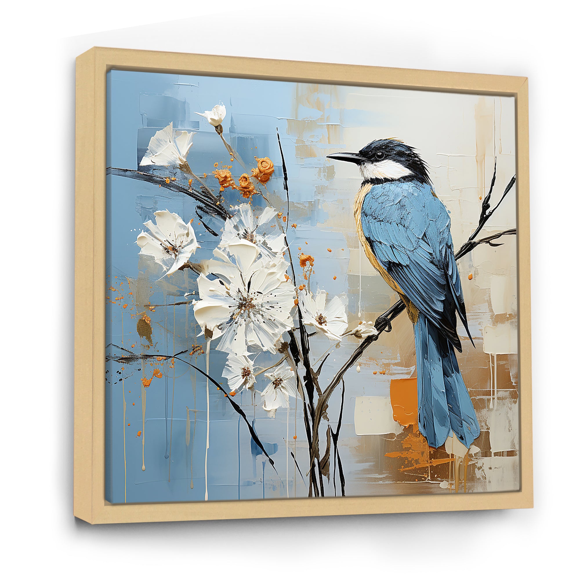 Blue Bird Minimalism White Flowers - Blue Bird Floral Wall Art