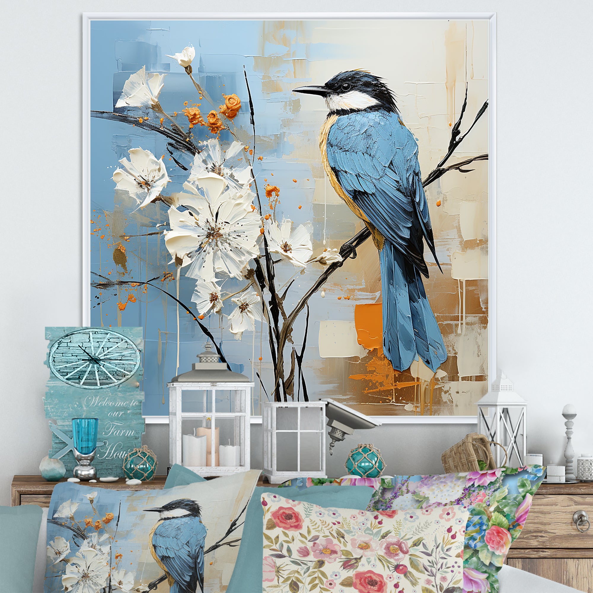 Blue Bird Minimalism White Flowers - Blue Bird Floral Wall Art