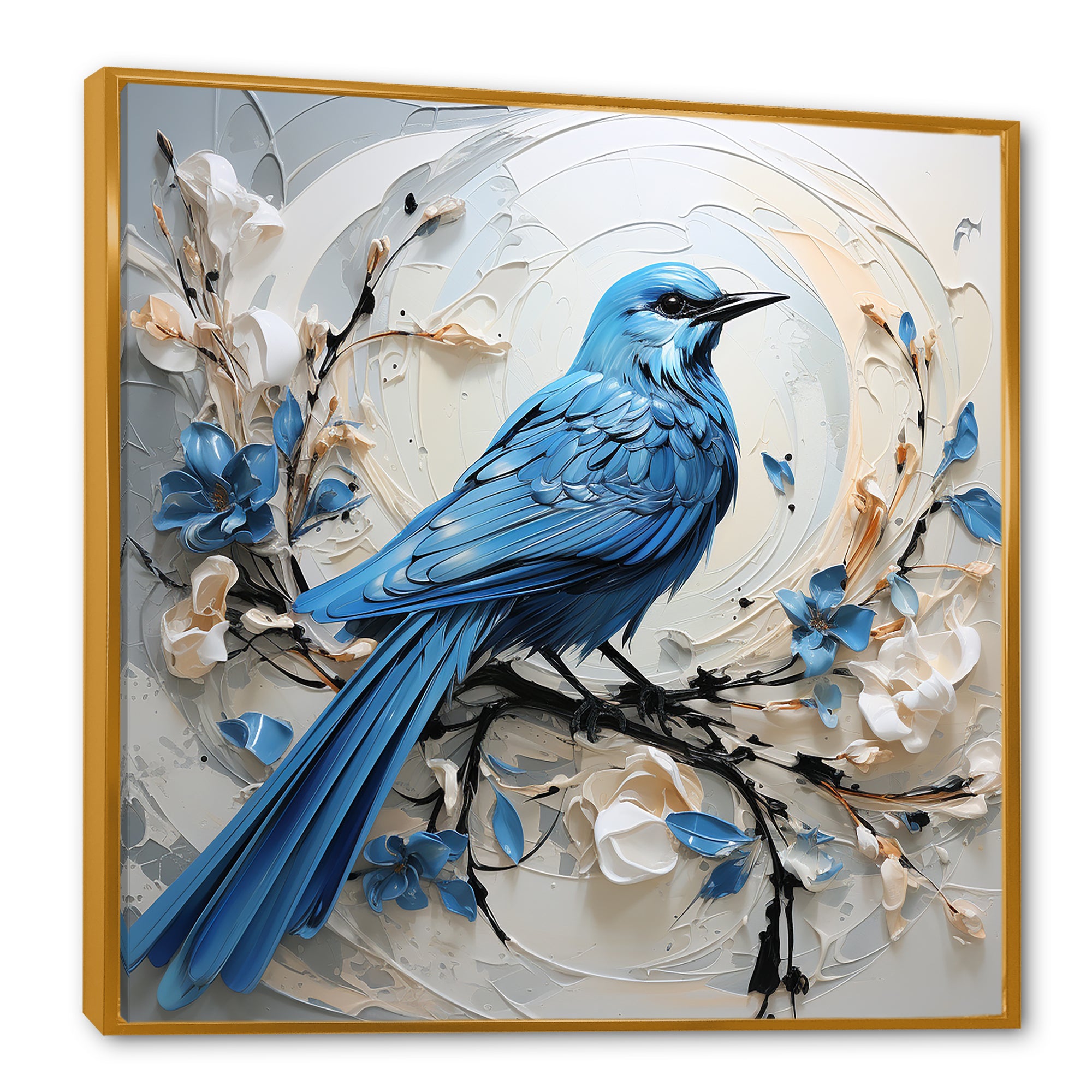 Blue Bird Minimalism White And Blue Flowers - Bird Floral Framed Canvas Art
